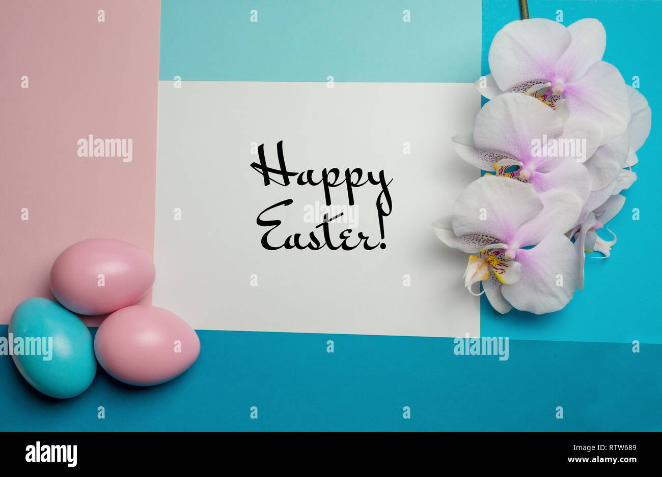 Pink blue easter eggs on pastel color background frame with space for happy easter text and white orchid Stock Photo