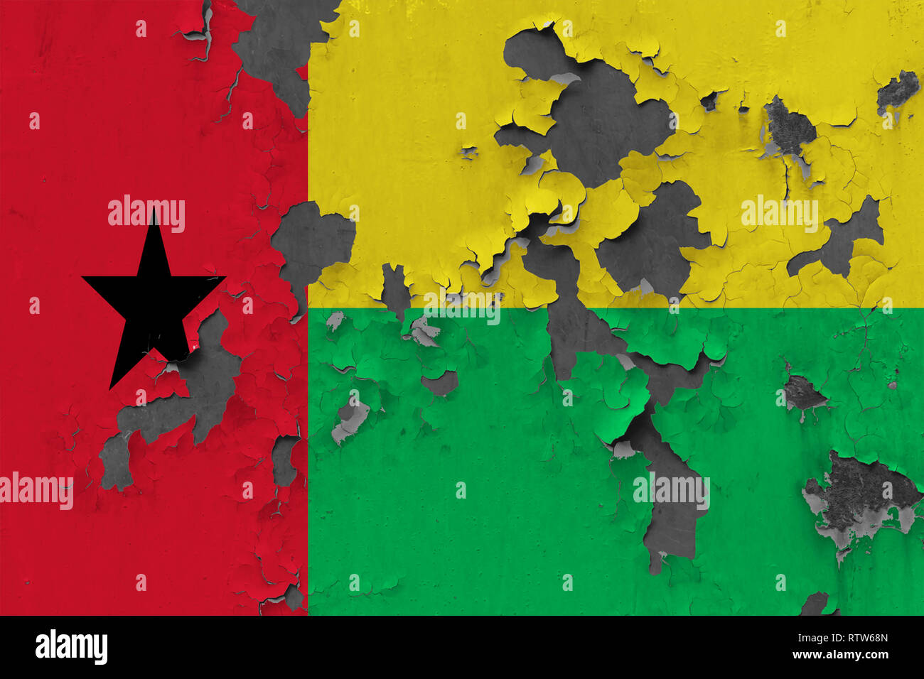 Close up grungy, damaged and weathered Guinea Bissau flag on wall ...