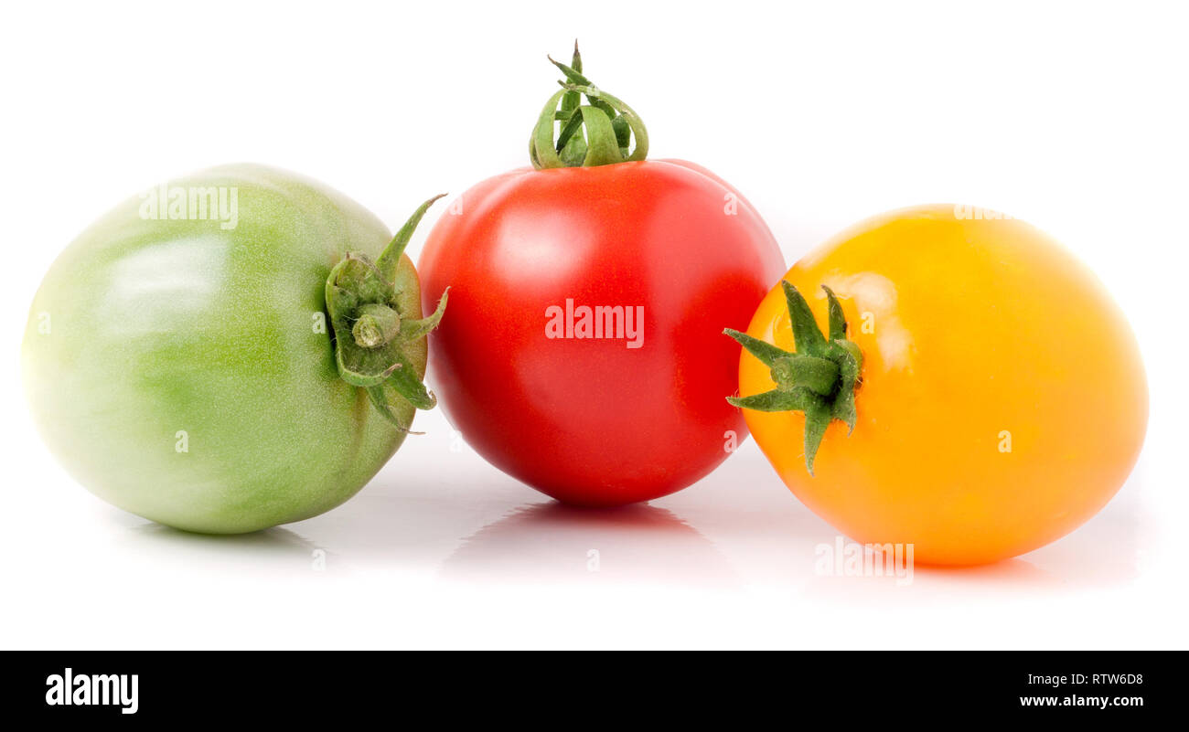 red yellow and green tomatoes isolated on white background Stock Photo ...