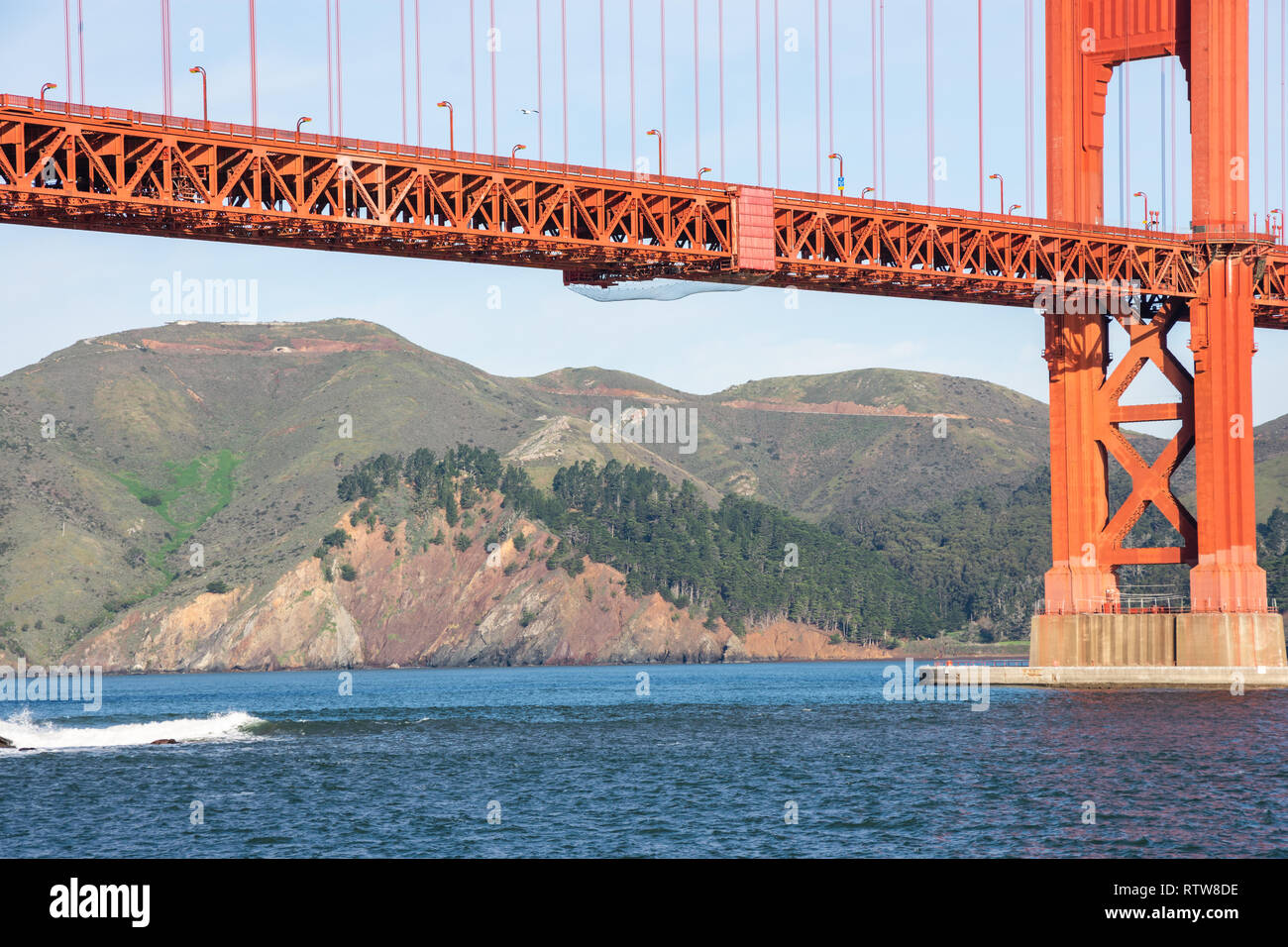 Golden Gate Bridge - the most internationally recognized symbols of San Francisco, California and the United States in morning light Stock Photo