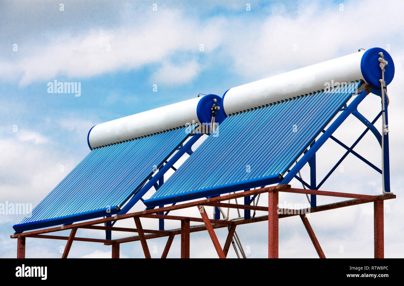 solar water heaters on the roof close up Stock Photo
