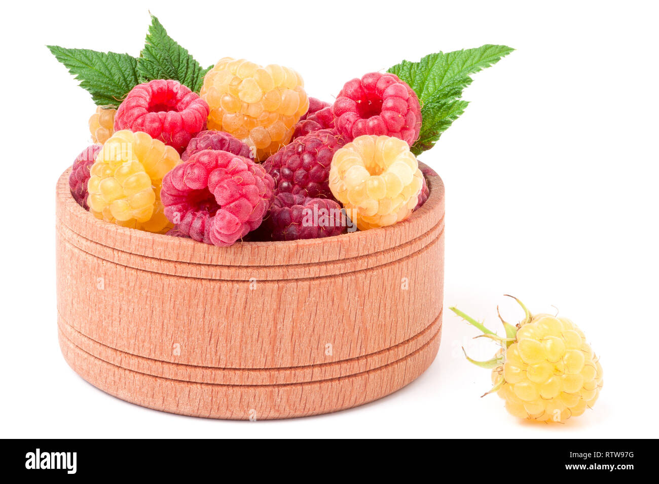Red Andyellow Raspberry red and yellow raspberries in wooden bowl isolated on white Stock Photo ...