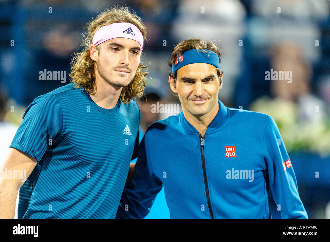 Dubai, UAE. 2nd March 2019.Stefanos Tsitsipas of Greece (left) Roger Federer  of Switzerland (right) before the final match during the Dubai Duty Free  Tennis Championship at the Dubai International Tennis Stadium, Dubai,