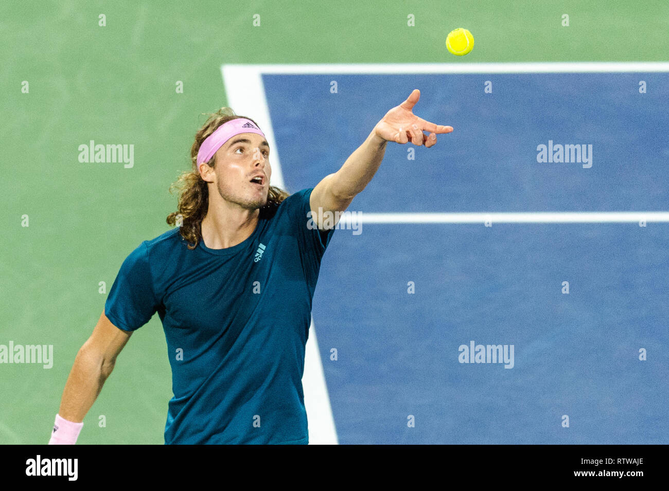 Dubai, UAE. 2nd March 2019. Stefanos Tsitsipas celebrates winning a point  during the finals of the 2019 Dubai Duty Free Tennis Tsitsipas lost 4-6,  4-6 to Roger Federer Credit: Feroz Khan/Alamy Live