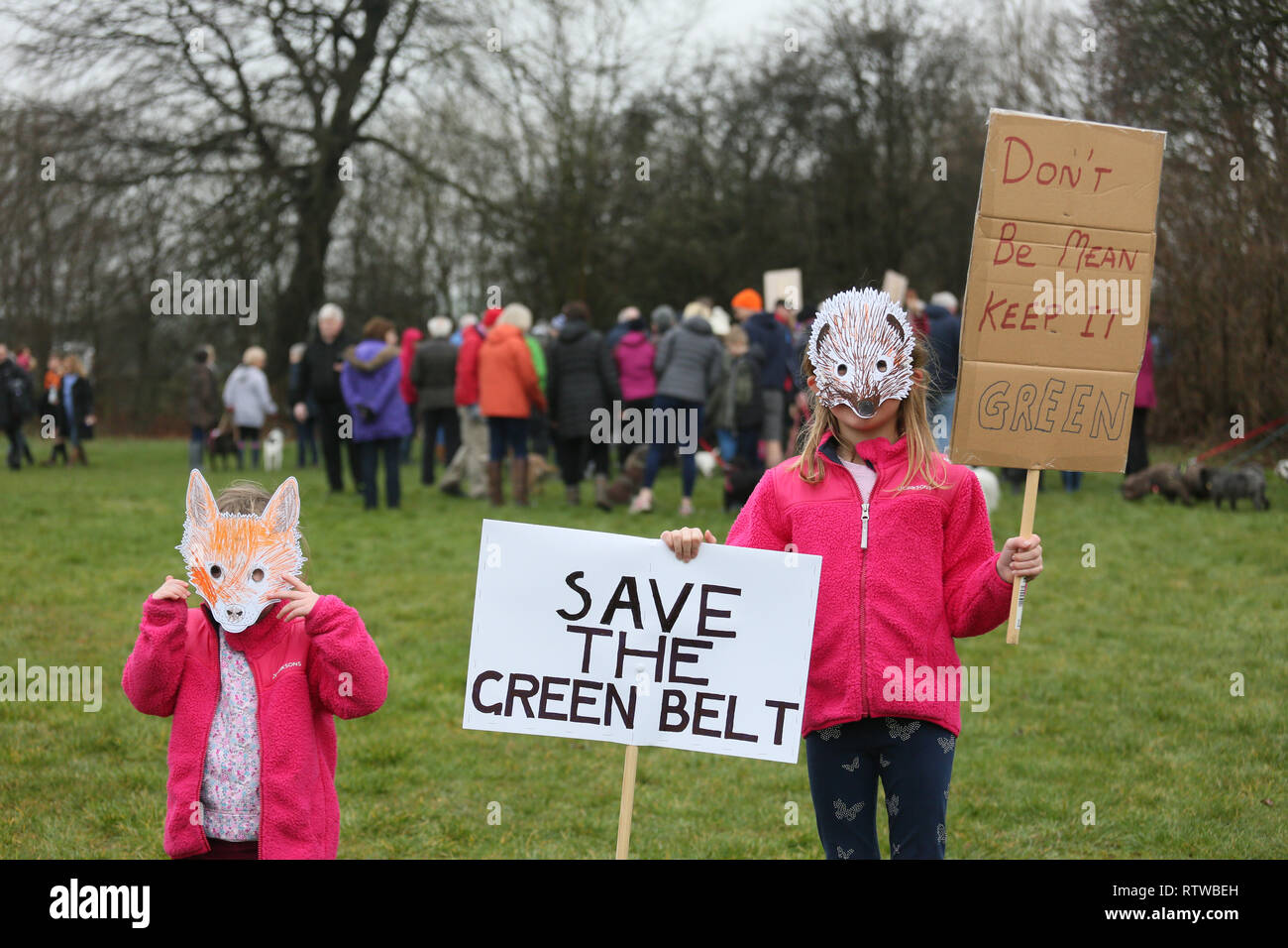 Rochdale, UK. 2nd March 2019. Ramblers, dog walkers and local families hold a protest to support the opposition of the Manchester proposal to develop luxury dwellings on Bamfords greenbelt, Bamford, Rochdale,,  UK, 2nd March 2019 (C)Barbara Cook/Alamy Live News Credit: Barbara Cook/Alamy Live News Stock Photo