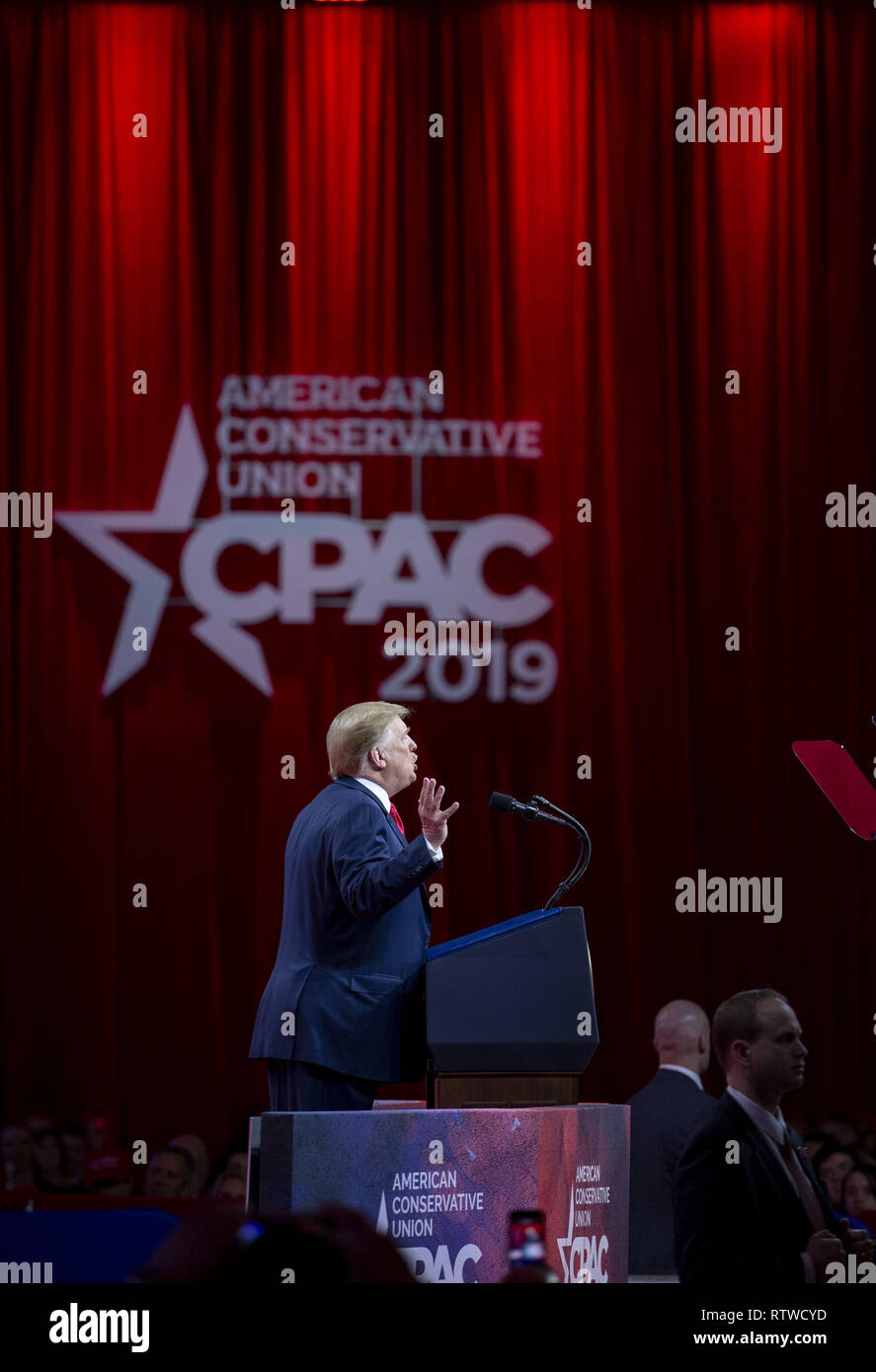 Washington, DC. 02nd Mar, 2019. U.S. President Donald Trump speaks during CPAC 2019 on March 02, 2019 in Washington, DC. The American Conservative Union hosts the annual Conservative Political Action Conference to discuss conservative agenda. Credit: Tasos Katopodis/Pool via CNP | usage worldwide Credit: dpa/Alamy Live News Stock Photo