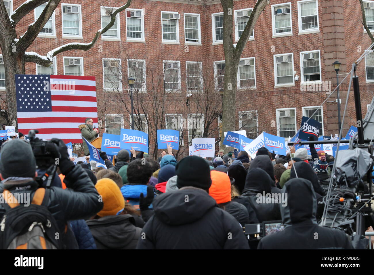 New York City, New York, USA. 2nd Mar, 2019. Returning to his native Brooklyn, NY roots on March 2, 2019, Sen. Bernie Sanders of Vermont launched his 2020 U.S. presidency bid at Brooklyn College ''“ the neighborhood school that he attended for a year before graduating from the University of Chicago in 1964. Before a large crowd of supporters on a snowy day, Sanders spoke of his humble beginnings in the area that formed his social consciousness. Credit: G. Ronald Lopez/ZUMA Wire/Alamy Live News Stock Photo