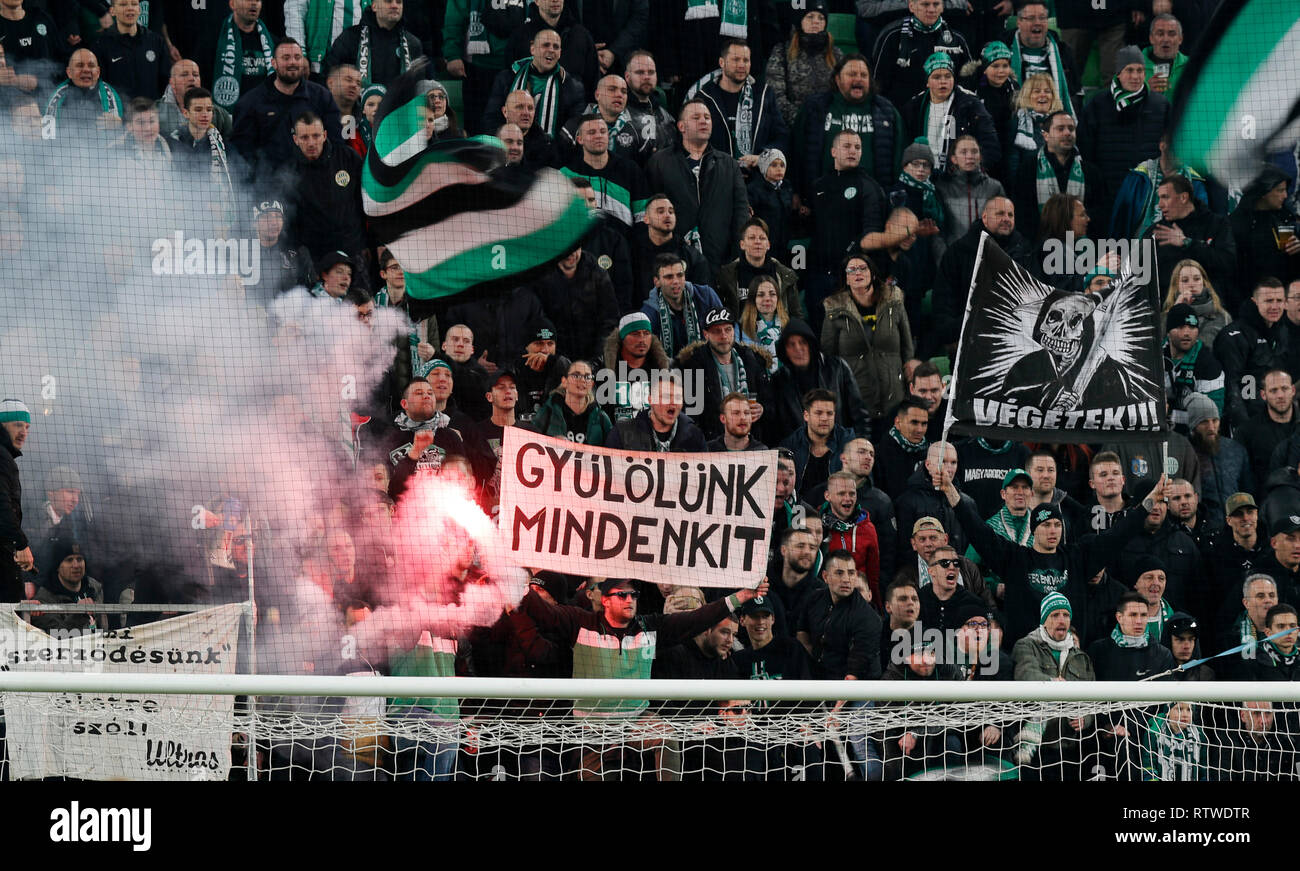 The ultras of Ferencvarosi TC show a banner with text We hate News  Photo - Getty Images