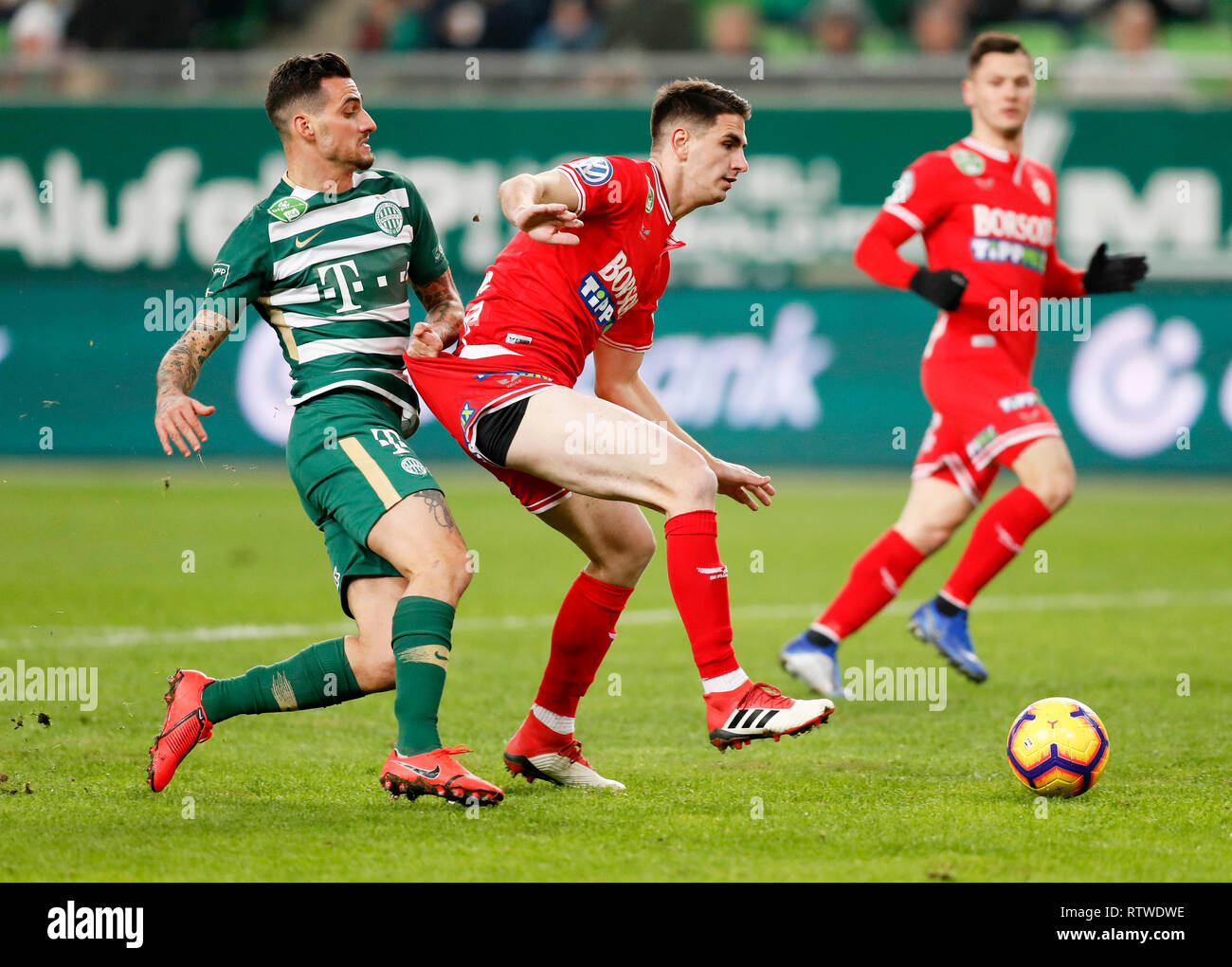 BUDAPEST, HUNGARY - APRIL 2: Krisztian Lisztes of Ferencvarosi TC  celebrates with teammates after scoring a goal during the Hungarian OTP  Bank Liga match between Ferencvarosi TC and MOL Fehervar FC at