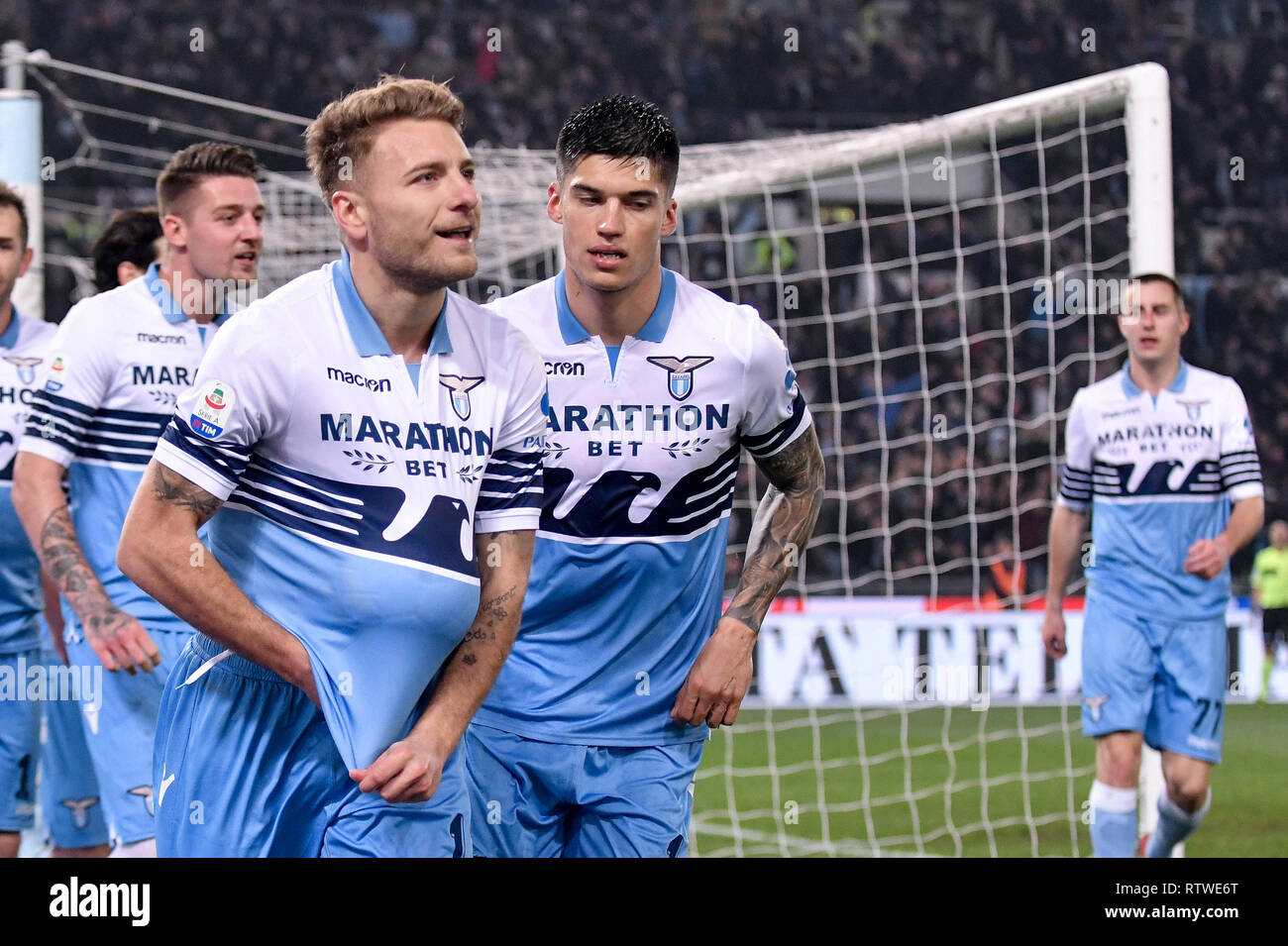 Rome, Italy. 2nd Mar, 2019. Ciro Immobile of SS Lazio celebrates scoring second goal during the Serie A match between Lazio and Roma at Stadio Olimpico, RoRome, Italy on 2 March 2019. Photo by Bruno Maffia. Credit: UK Sports Pics Ltd/Alamy Live News Stock Photo