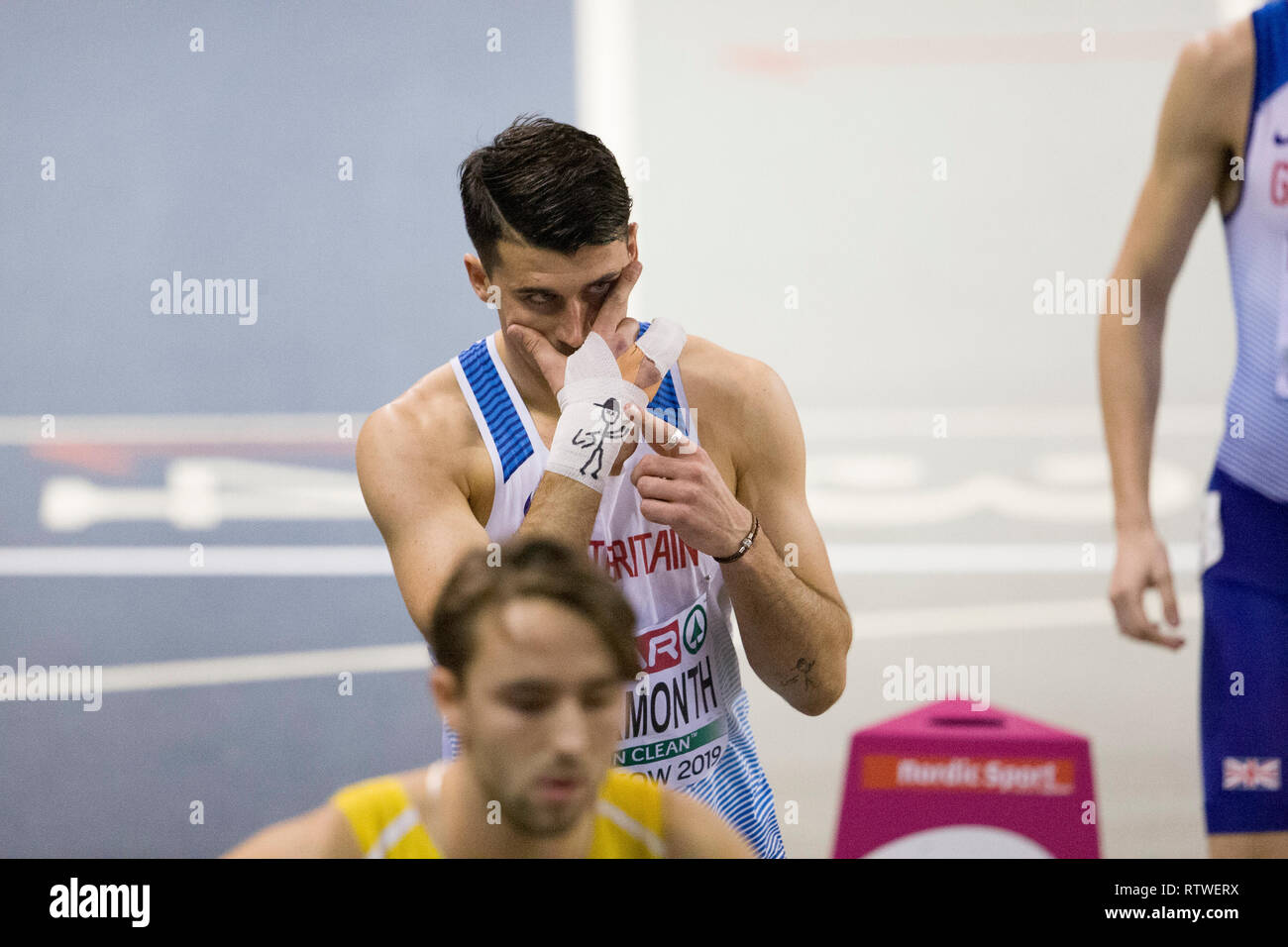 Glasgow, UK. 02nd Mar, 2019. Glasgow, Scotland - March 2: Learmonth Guy of GBR during semi-final 2 of the Mens 800m on day 2 of the European Indoor Athletics Championships at the Emirates Arena in Glasgow, Scotland. ( Credit: Scottish Borders Media/Alamy Live News Stock Photo