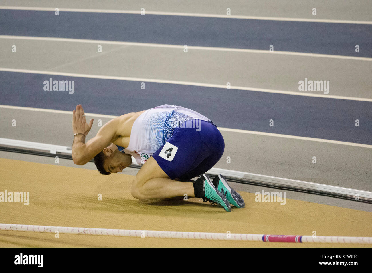 Glasgow, UK. 02nd Mar, 2019. Glasgow, Scotland - March 2: Learmonth Guy of GBR during semi-final 2 of the Mens 800m on day 2 of the European Indoor Athletics Championships at the Emirates Arena in Glasgow, Scotland. ( Credit: Scottish Borders Media/Alamy Live News Stock Photo