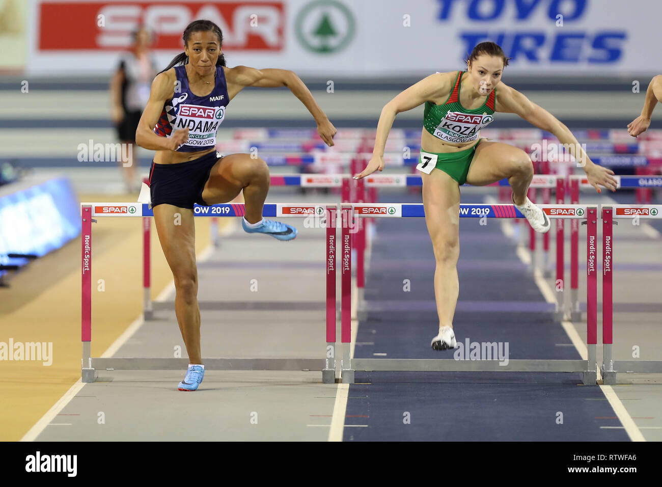 Solene Ndama Of France And Luca Kozak Of Hungary 60 M Hurdles Round 1 Heat 3 During The European Athletics Indoor Championships Glasgow 2019 On March 2 2019 At The Emirates Arena