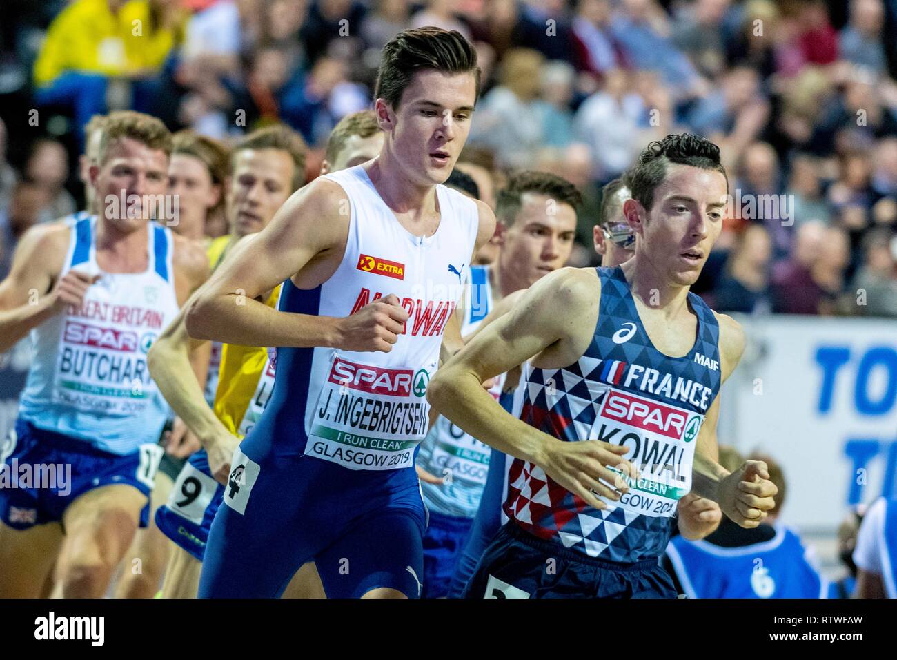 Glasgow, Scotland, UK. 2nd March, 2019. KOWAL Yoann FRA and INGEBRIGTSEN Jakob NOR competing in the 3000m Men Final event during day TWO of the European Athletics Indoor Championships 2019 at Emirates Arena  in Glasgow, Scotland, United Kingdom. 2.03.2019 Credit: Cronos/Alamy Live News Stock Photo