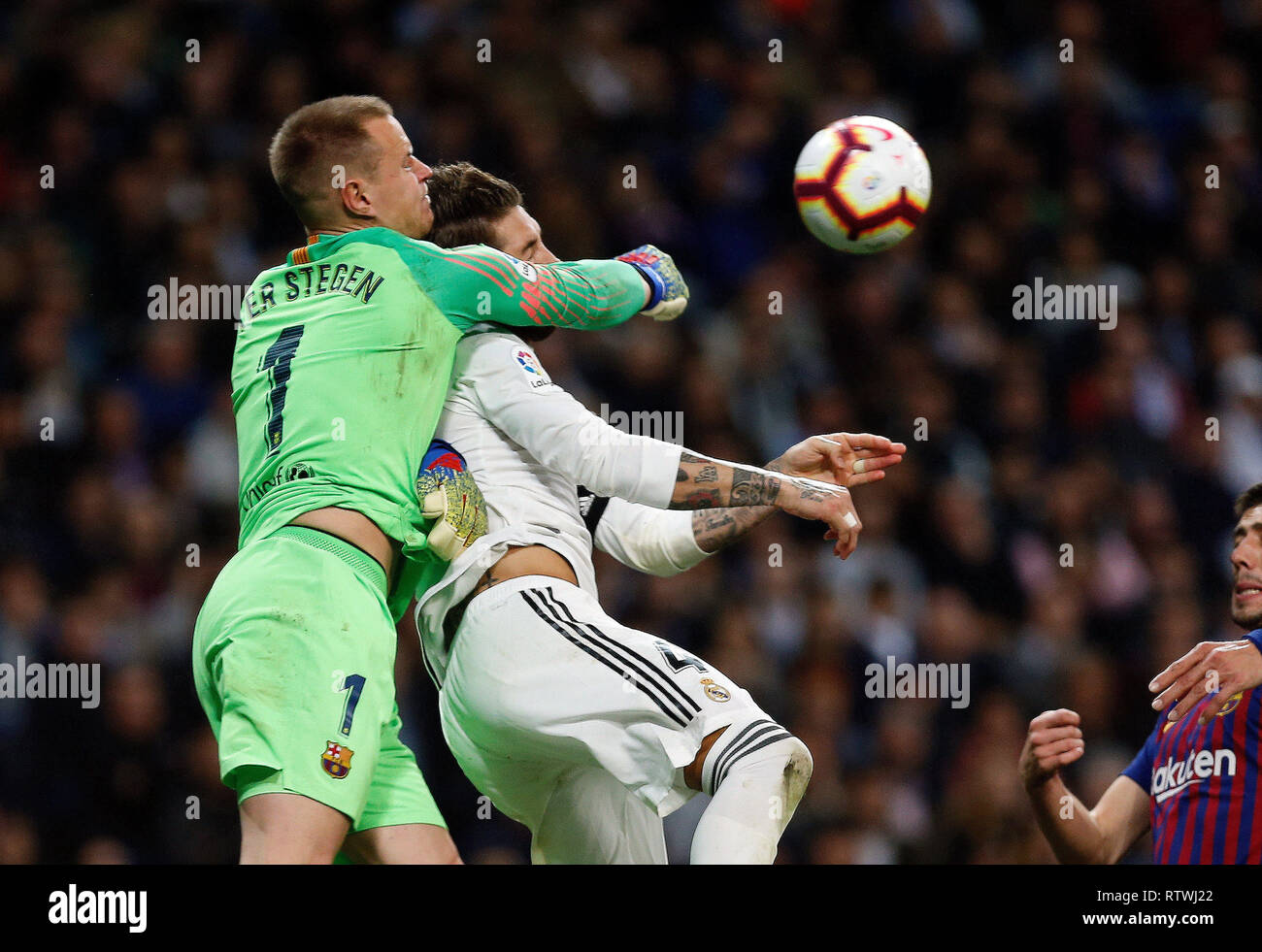 Real Madrid CF's Sergio Ramos and FC Barcelona's Ter Stegen during La Liga match between Real Madrid and FC  Barcelona at Santiago Bernabéu in Madrid. Final Score: Real Madrid 0 - 1 FC Barcelona Stock Photo