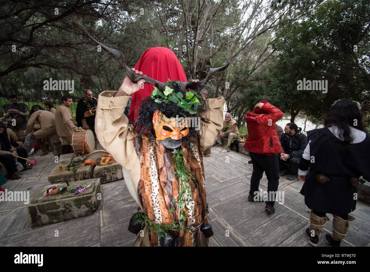 A participant seen dressed up during the Falliforia or Fallagogia, an ancient Greek festival honoring the god Dionysus with orgiastic character. Stock Photo