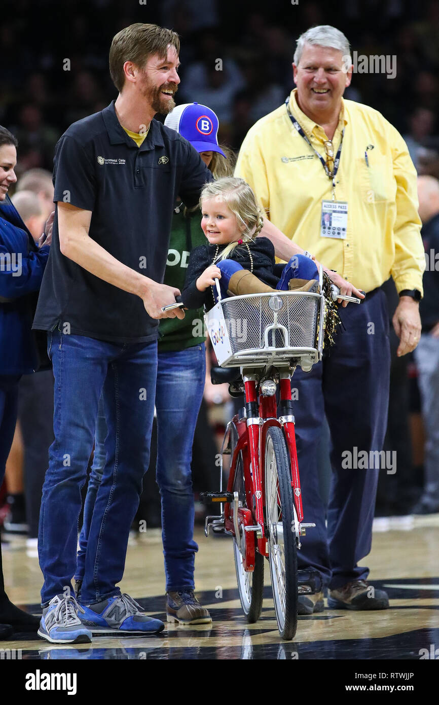Boulder, CO, USA. 2nd Mar, 2019. A little gurl tries out an E-bike during a timeout of the game between Colorado and Utah in the second half at the Coors Events Center in Boulder, CO. CU defeated Utah, 71-63. Derek Regensburger/CSM/Alamy Live News Stock Photo