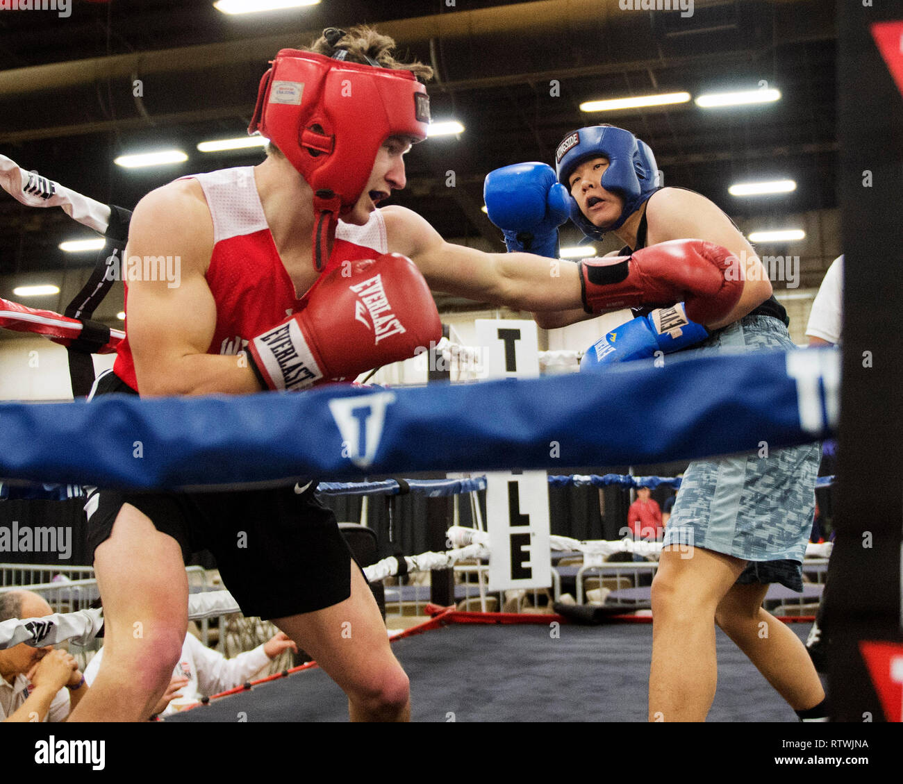 March 2, 2019: Daniel Choi of Illinois fights in the corner with Cade Allox of Wisconsin in the Amateur Boxing competition at the Arnold Sports Festival in Columbus, Ohio, USA. Brent Clark/Alamy Live News Stock Photo