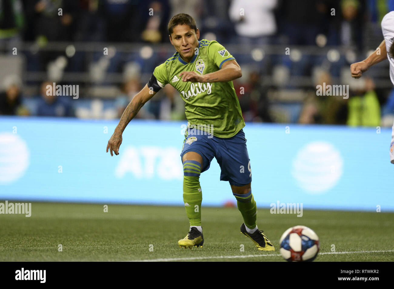 Seattle, Washington, USA. 2nd Mar, 2019. The Sounders Raul Ruidiaz (9) in action as FC Cincinnati visits the Seattle Sounders in a MLS match at Century Link Field in Seattle, WA. Credit: Jeff Halstead/ZUMA Wire/Alamy Live News Stock Photo