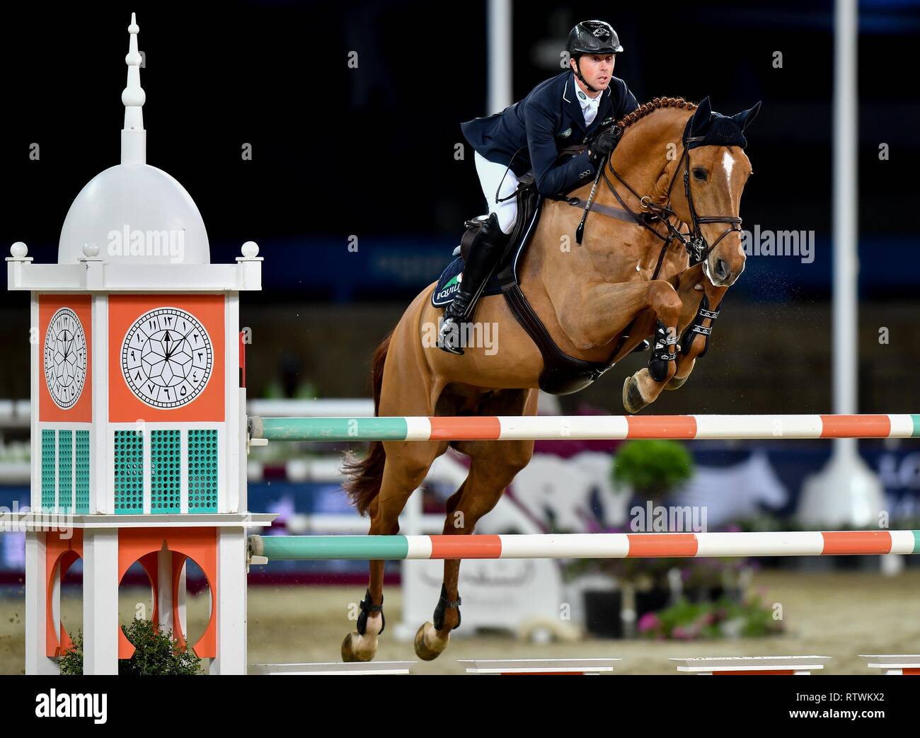 Doha, Qatar. 2nd Mar, 2019. Ben Maher of Britain and his horse "Madame X"  competes in the CSI5 1.60 meters competition during the Longines Global  Champions Tour of Doha 2019 at Al