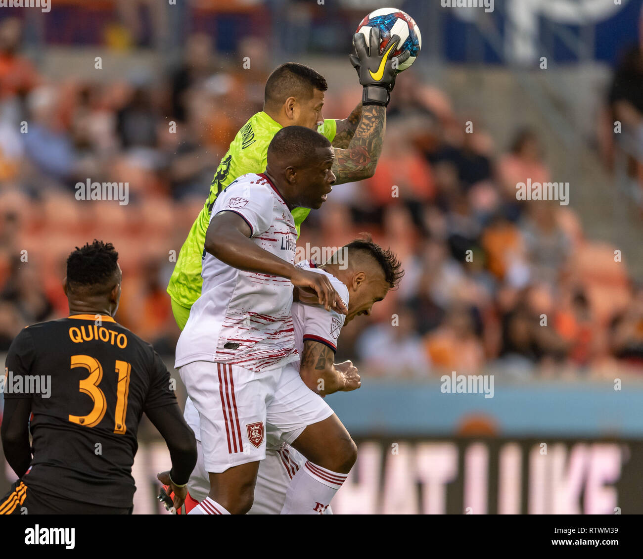 March 02, 2019: Real Salt Lake goalkeeper Nick Rimando (18) with the save while his teammates help defend during a match between Real Salt Lake and Houston Dynamo at BBVA Compass Stadium in Houston, Texas Houston Dynamo tie with Real Salt Lake1-1 © Maria Lysaker/Cal Sport Media Stock Photo