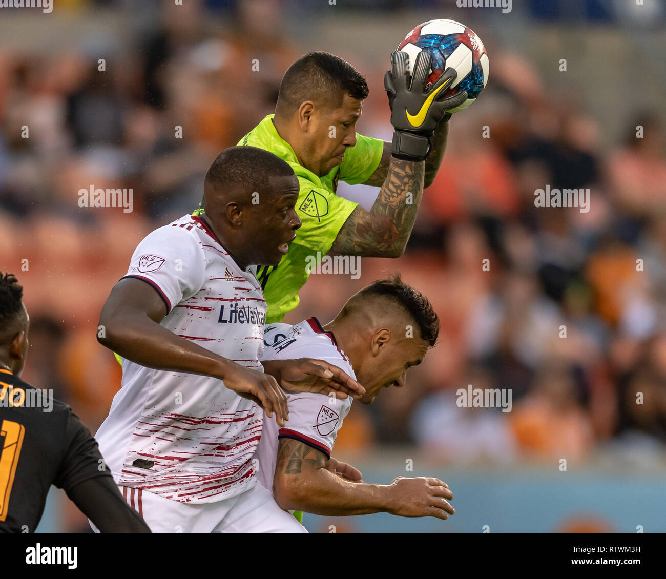 March 02, 2019: Real Salt Lake goalkeeper Nick Rimando (18) with the save while his teammates help defend during a match between Real Salt Lake and Houston Dynamo at BBVA Compass Stadium in Houston, Texas Houston Dynamo tie with Real Salt Lake1-1 © Maria Lysaker/Cal Sport Media Stock Photo
