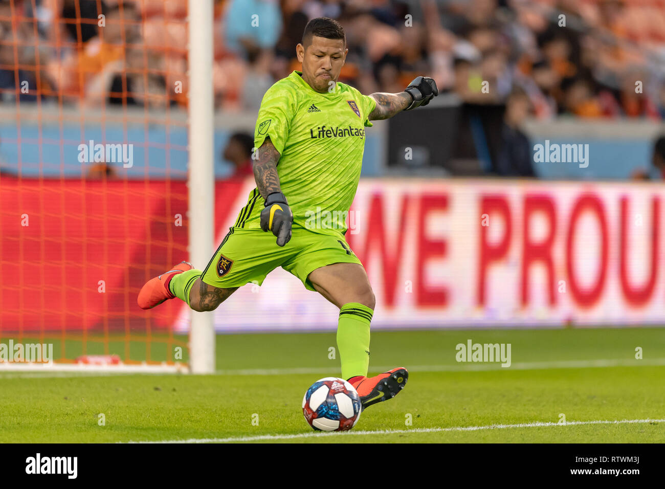 March 02, 2019: Real Salt Lake goalkeeper Nick Rimando (18) sends the ball down pitch during a match between Real Salt Lake and Houston Dynamo at BBVA Compass Stadium in Houston, Texas Houston Dynamo tie with Real Salt Lake1-1 © Maria Lysaker/Cal Sport Media Stock Photo