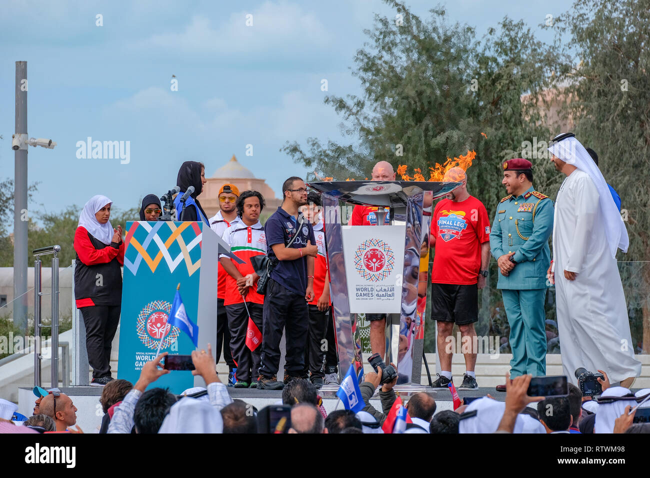 Abu Dhabi, UAE. 3rd March, 2019.  Olympic Torch, Flame of Hope, Guardian of the Torch Parade held in Abu Dhabi ahead of Special Olympics. Credit: Fahd Khan/Alamy Live News Stock Photo