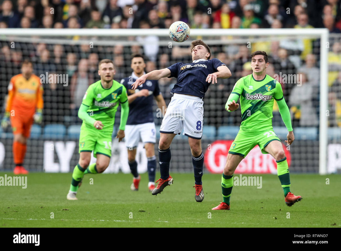 London, UK. 02nd Mar, 2019. Ben Thompson of Millwall controls the ball on his chest during the EFL Sky Bet Championship match between Millwall and Norwich City at The Den, London, England on 2 March 2019. Photo by Ken Sparks. Editorial use only, license required for commercial use. No use in betting, games or a single club/league/player publications. Credit: UK Sports Pics Ltd/Alamy Live News Stock Photo
