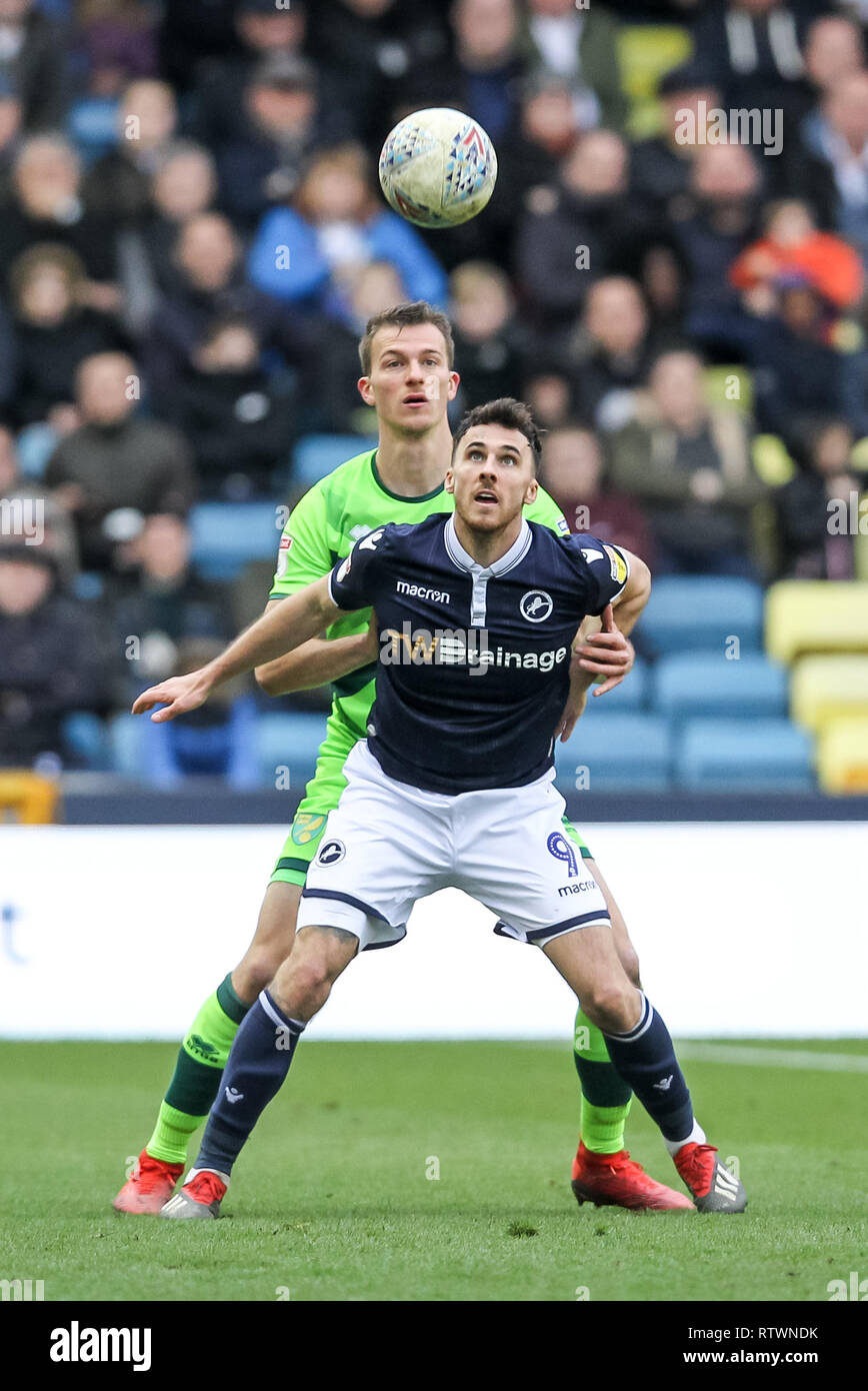 London, UK. 02nd Mar, 2019. Lee Gregory of Millwall shields the ball in front of Christoph Zimmermann of Norwich City during the EFL Sky Bet Championship match between Millwall and Norwich City at The Den, London, England on 2 March 2019. Photo by Ken Sparks. Editorial use only, license required for commercial use. No use in betting, games or a single club/league/player publications. Credit: UK Sports Pics Ltd/Alamy Live News Stock Photo