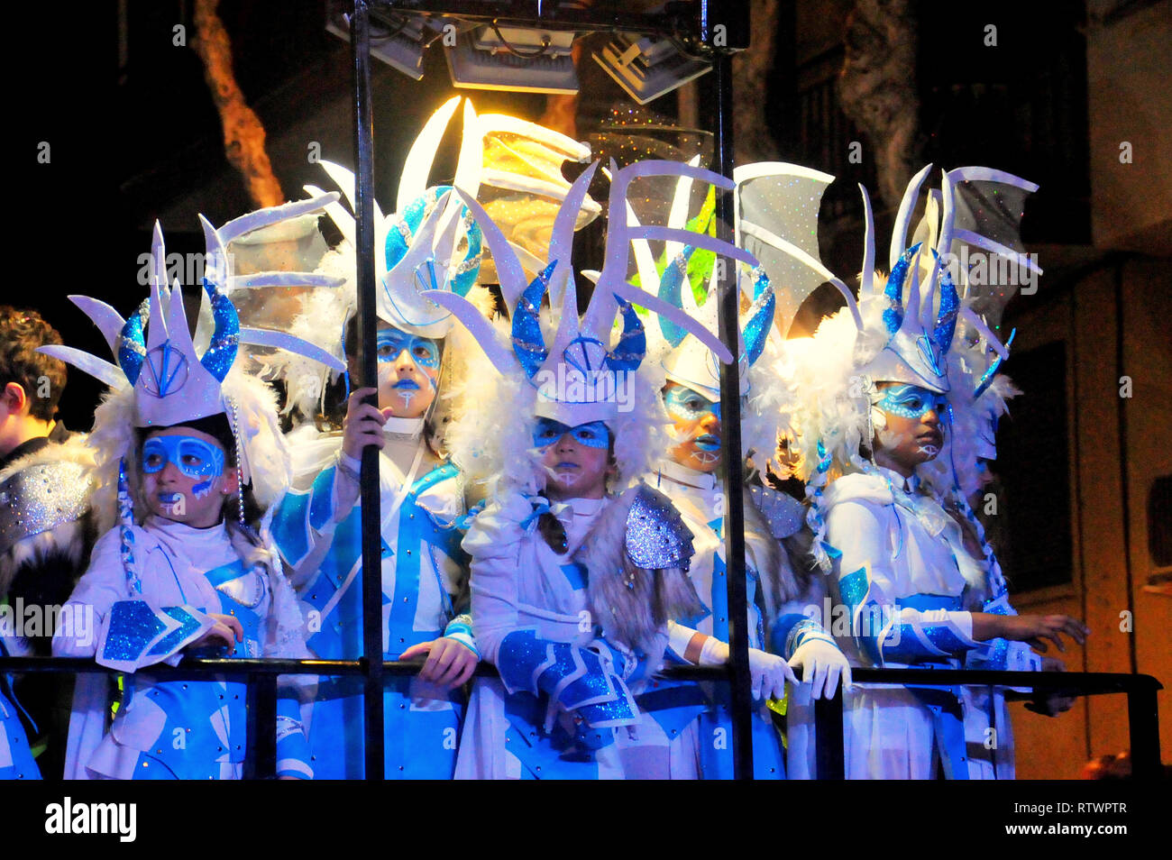 Cunit, Tarragona, Spain. 2nd Mar, 2019. Participants seen dressed up in colour full costumes performing during the carnival.According to tradition people dress up in different color full costumes with different themes to parade while participating in the Carnival of Cunit, the event happens between the months of Feb and March. Credit: Ramon Costa/SOPA Images/ZUMA Wire/Alamy Live News Stock Photo