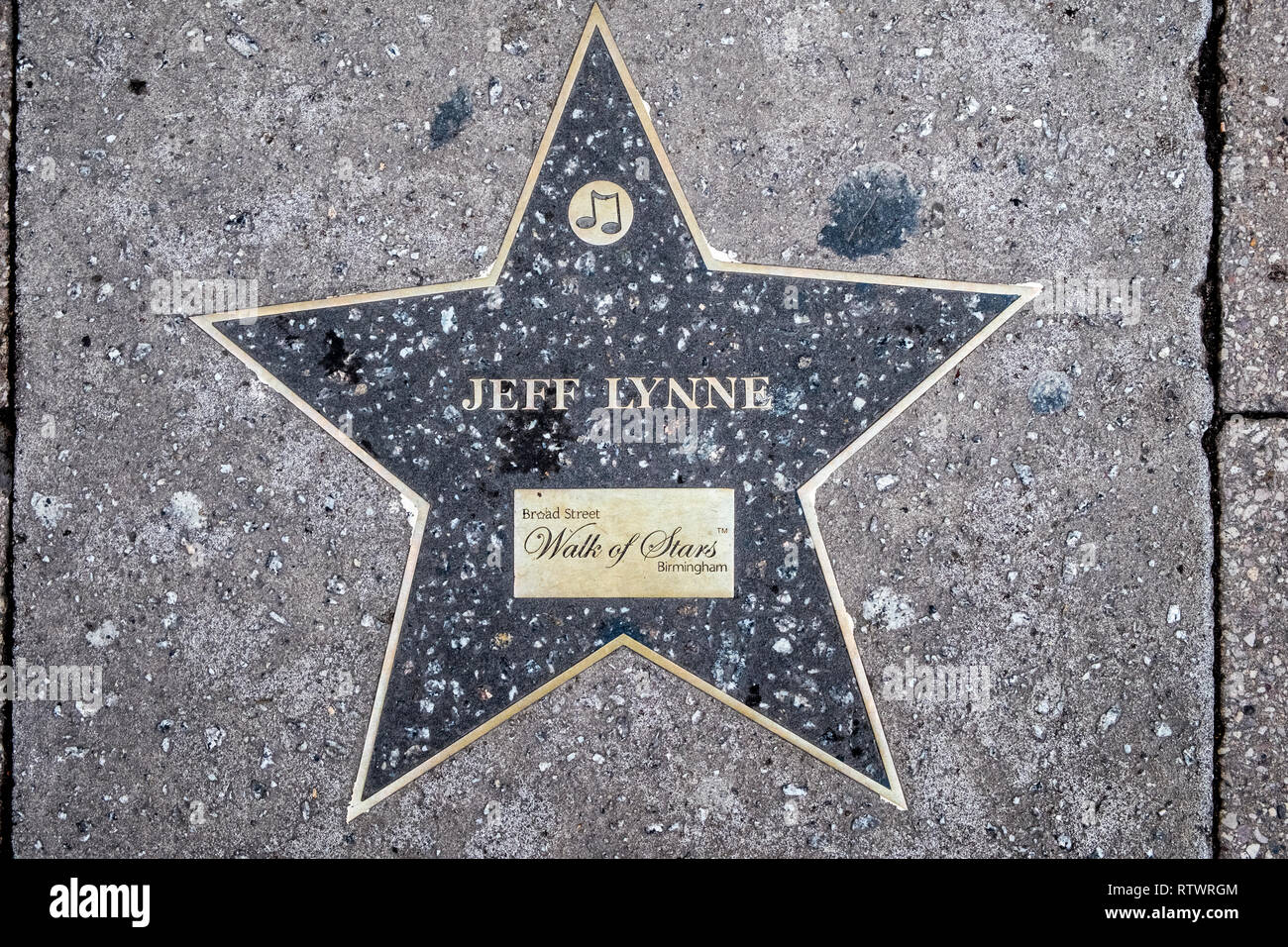 Star for Jeff Lynne on the Walk of Stars, Broad Street, Brimingham, England, GB, UK. The star was added to the walk in March 2014. Stock Photo
