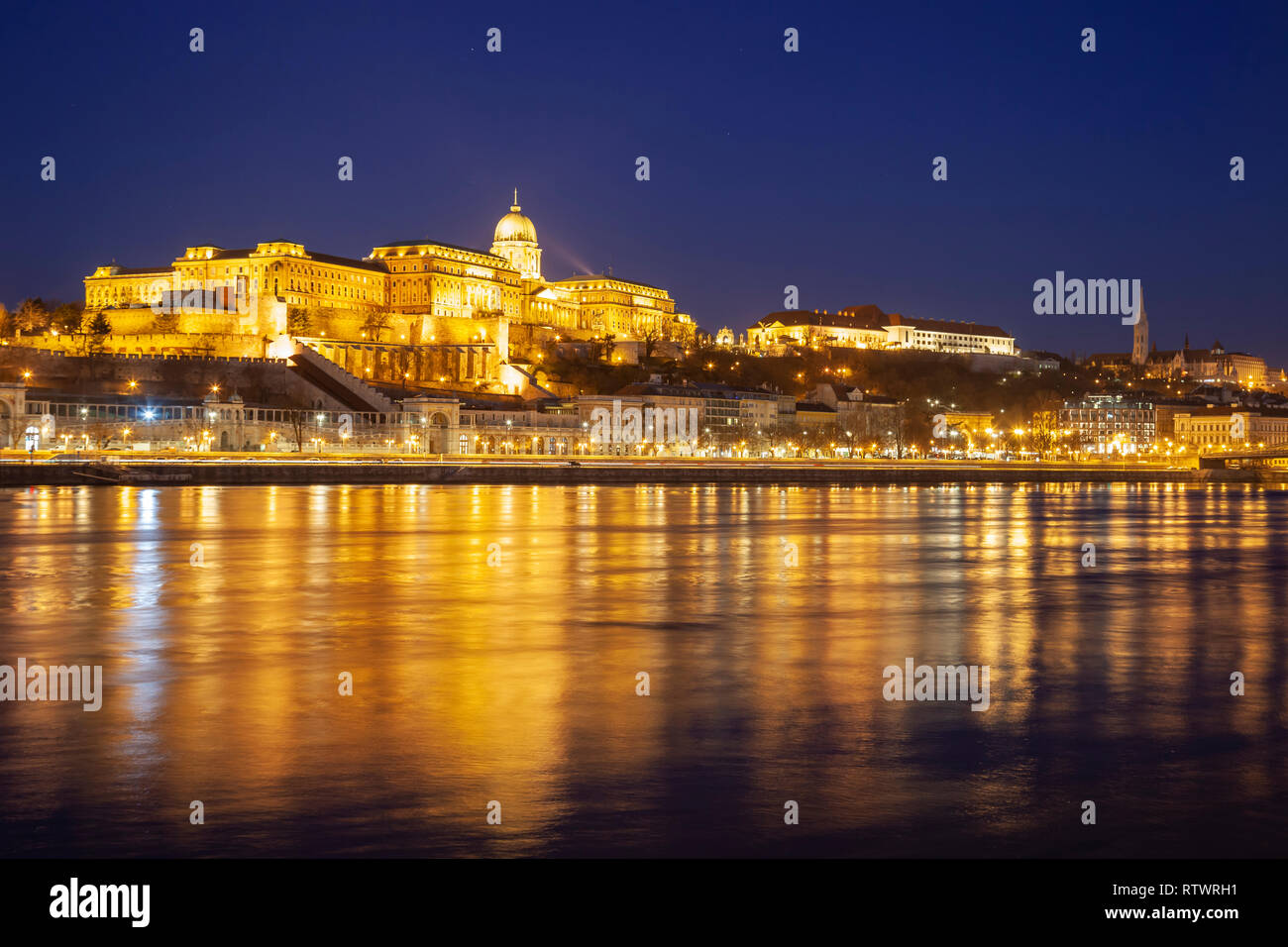 Buda Castle seen across Danube river at night, Budapest, Hungary Stock ...