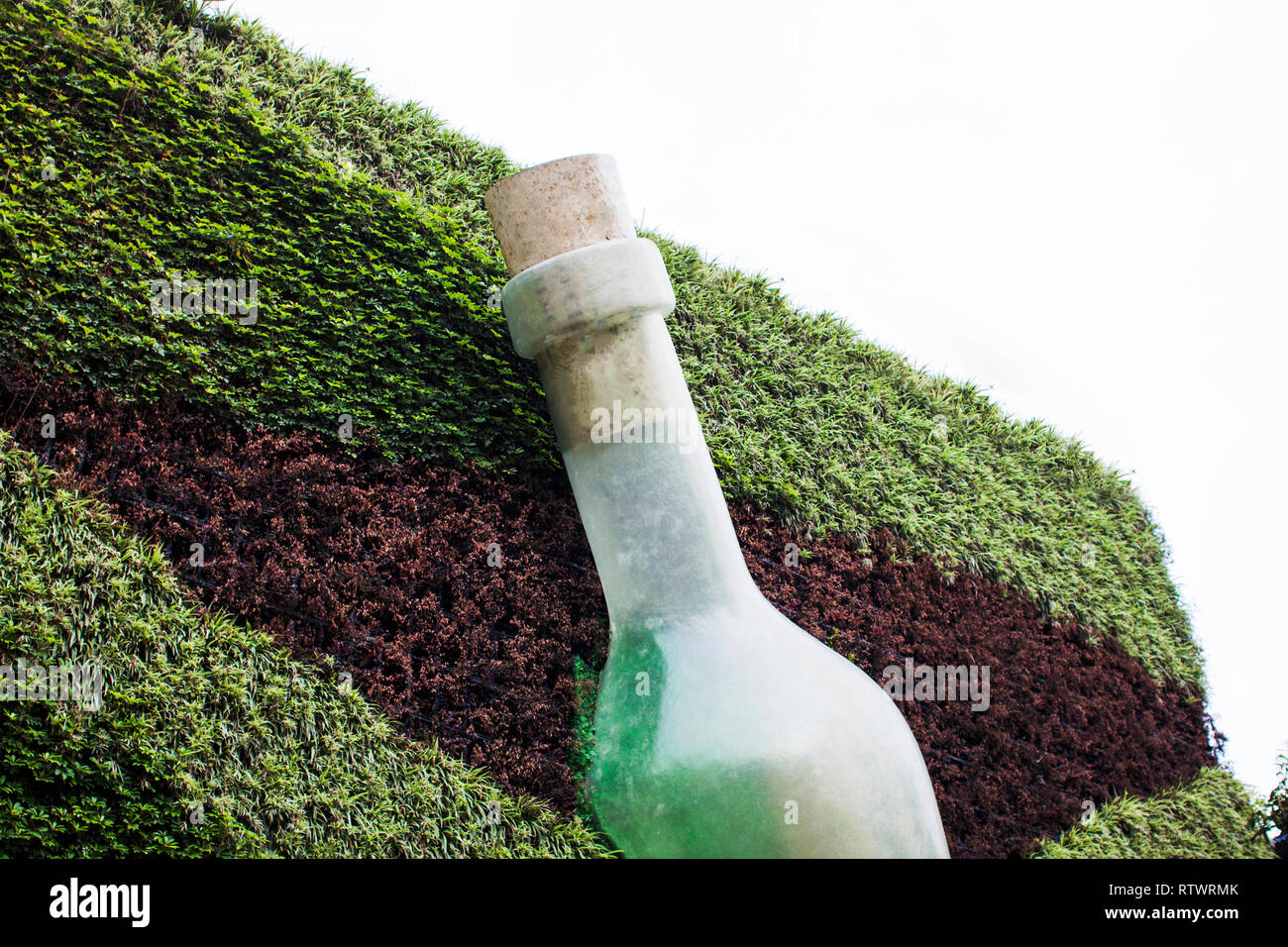 Art Installation of Bottle on the Wall with Plants on Facade. Green Facade with Art Installation. Giant Art Work. Stock Photo
