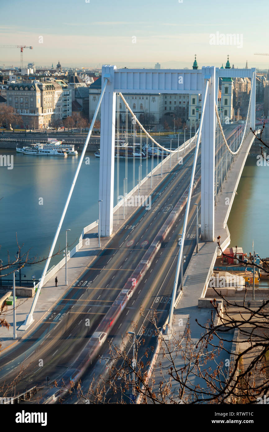 Morning at Elisabeth Bridge over Danube river in Budapest, Hungary. Stock Photo