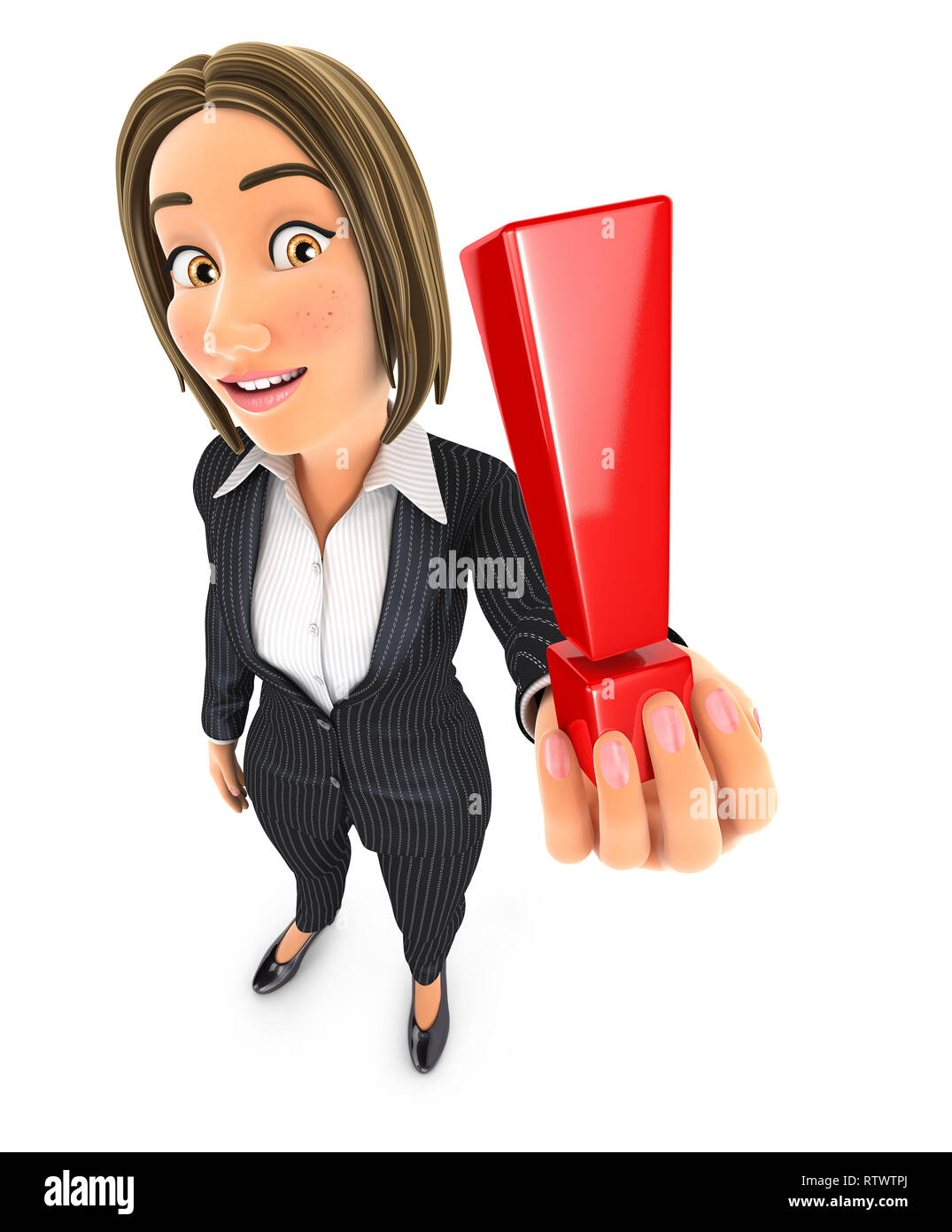 3d business woman holding exclamation mark, illustration with isolated white background Stock Photo