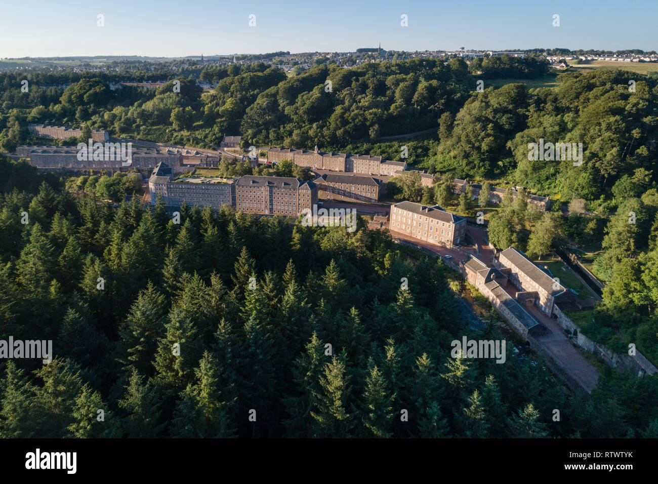 Aerial Image showing World Heritage Site of New Lanark in South Lanarkshire, Southern Scotland. Stock Photo