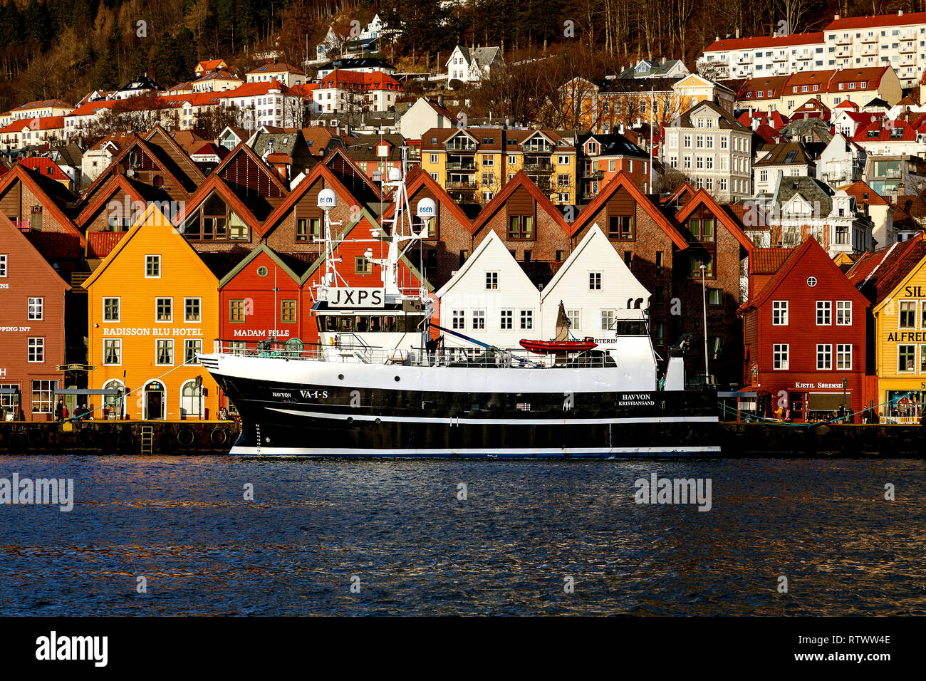 Fishing vessel / trawler Havvon in the port of Bergen, Norway. Moored in front of Bryggen Stock Photo