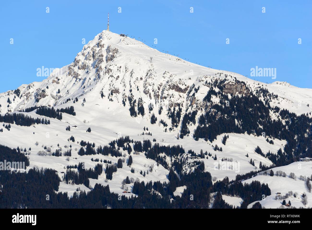 Snow-covered mountain Kitzbüheler Horn in winter, Kitzbühel, Tyrol, Austria Stock Photo