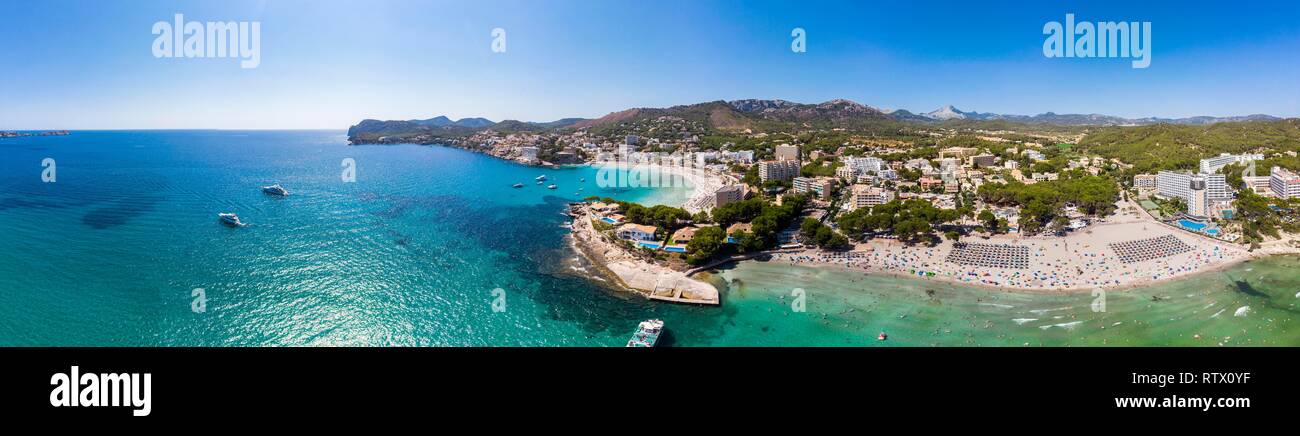 Aerial view, view of Peguera with hotels and sandy beach, Costa de la Calma, Caliva region, Majorca, Balearic Islands, Spain Stock Photo