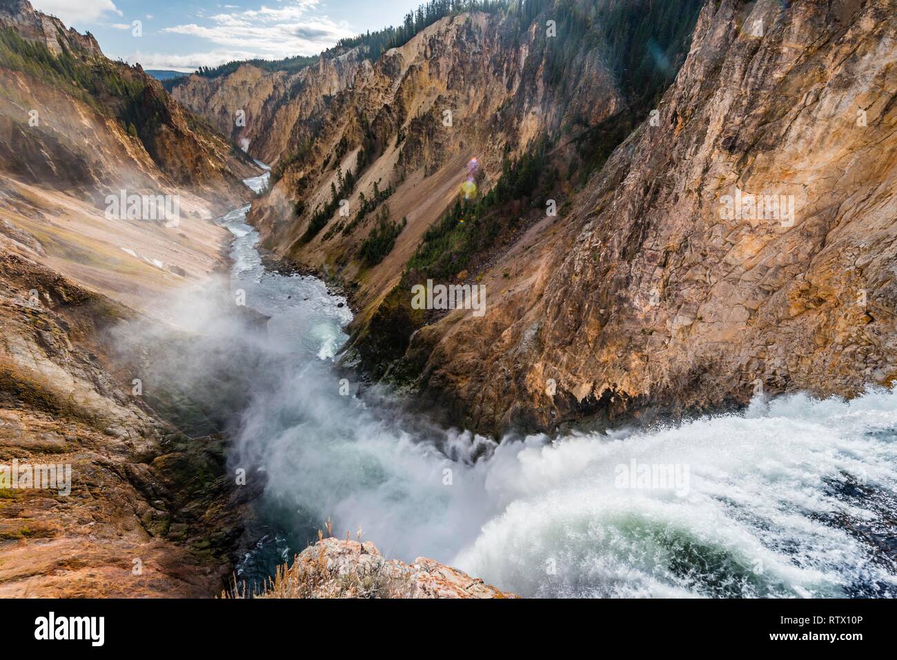Waterfall, Lower Yellowstone Falls, Waterfall in a gorge, Yellowstone River in the Grand Canyon of the Yellowstone Stock Photo