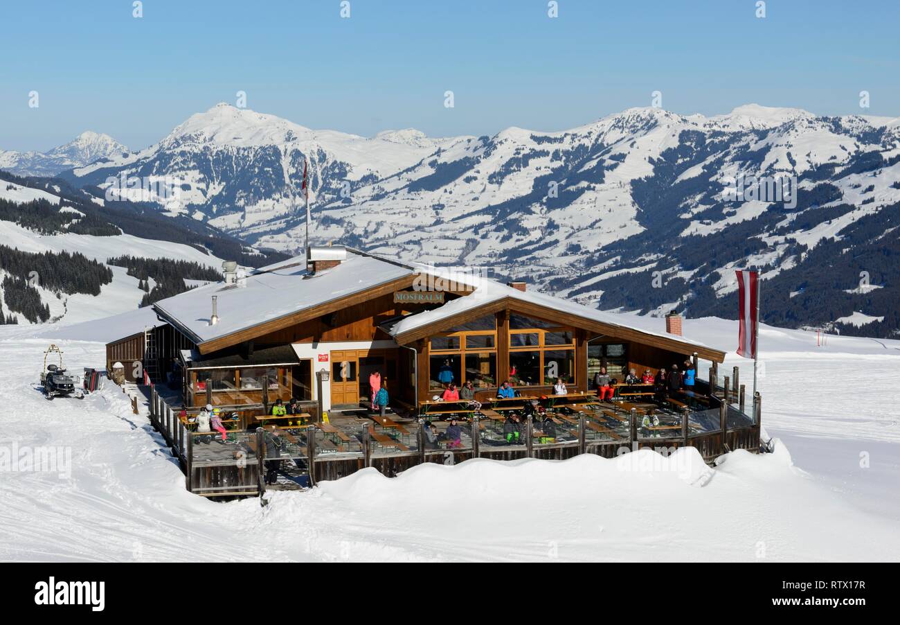 Mountain restaurant, Moseralm ski hut in the ski area on the Resterhöhe, Kitzbüheler Horn at the back, Kitzbüheler Alps Stock Photo