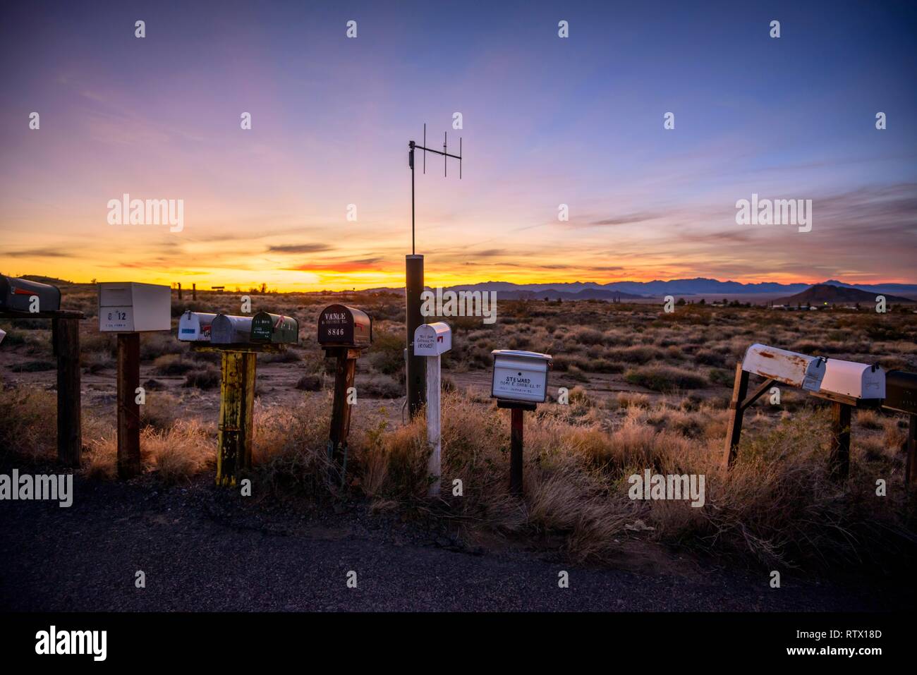 Roadside mailboxes at sunset, Historic Route 66, Antares, Walapai
