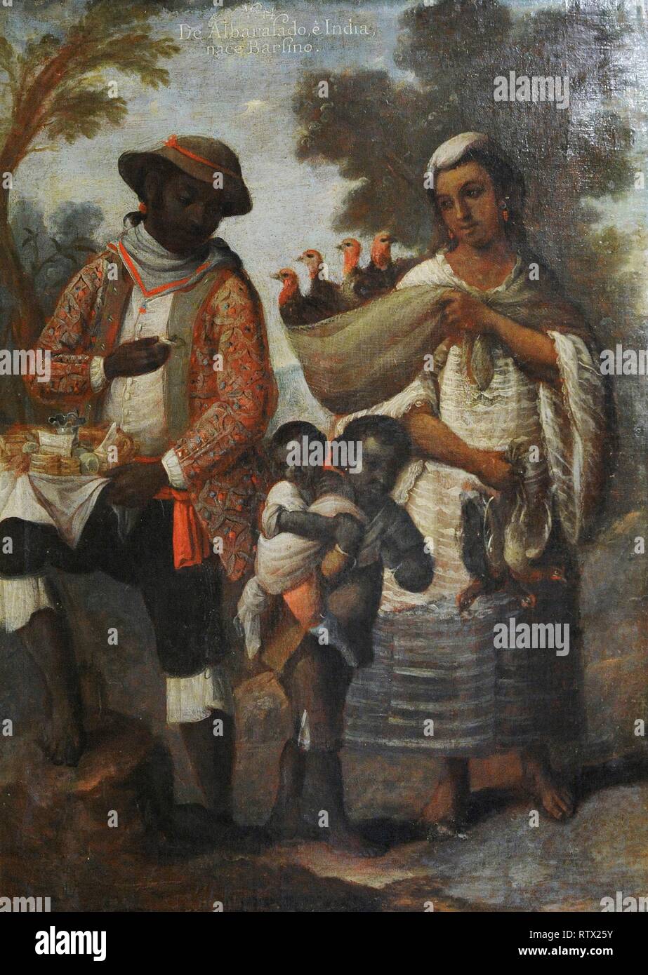 Título: Castas; De albarrazado e india, barcino. Autor: Andrés de Islas  (siglo XVIII). Pintura sobre lienzo. Grado de mestizaje entre indígenas,  europeos y africanos. Género" Pintura de Castas". Virreinato de la Nueva