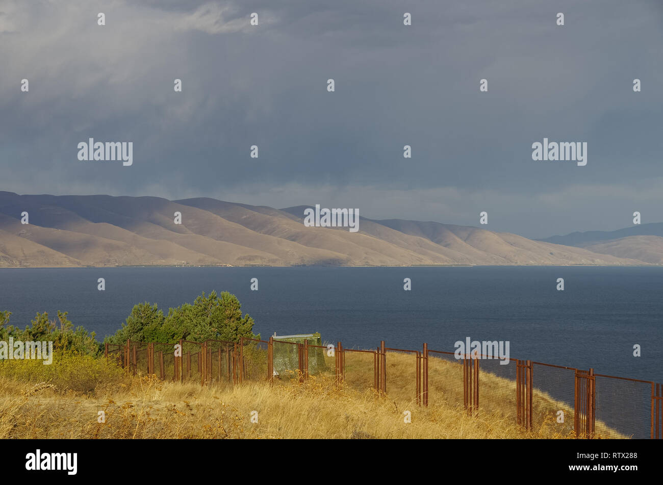 View of Lake Sevan and mountain range, from Sevanavank (Sevan Monastery) in the Gegharkunik Province of Armenia Stock Photo