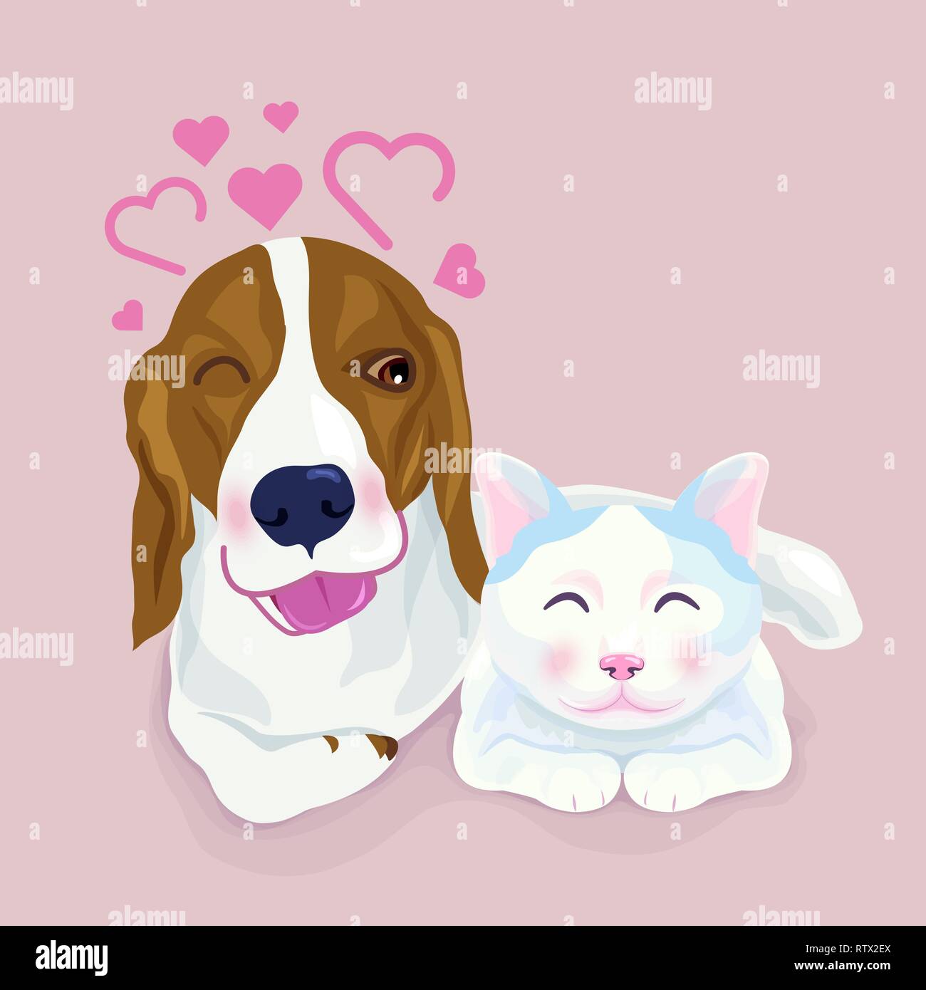 Cute beagle dog hug a cat, both express shy emotion, lovely friend ship,  cartoon vector illustration on pink background Stock Vector Image & Art -  Alamy