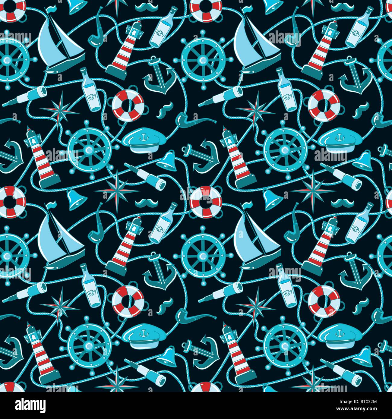Sailor pattern. Seamless pattern of a pirate ship and attributes. hand ...