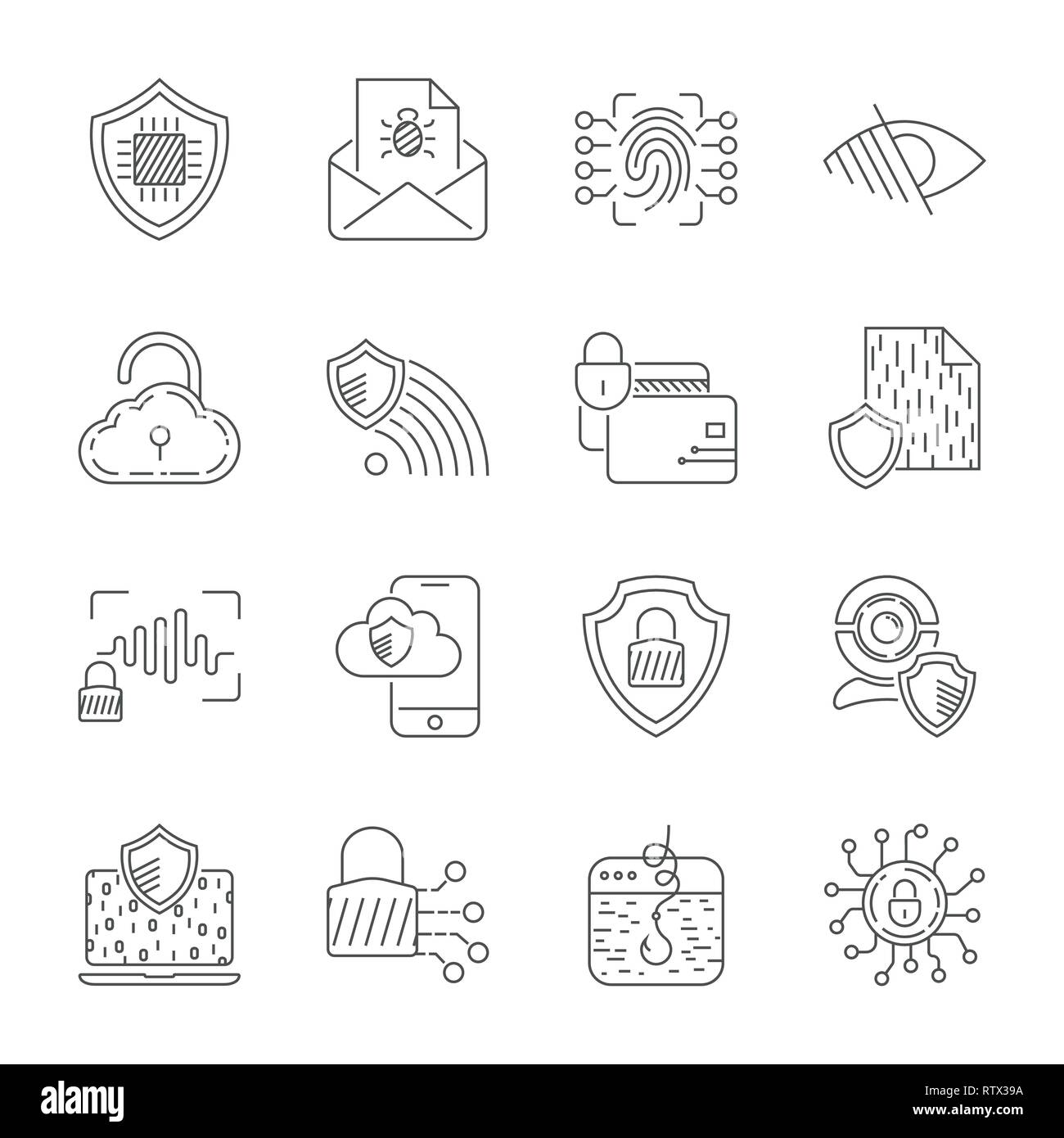 Set icons of cyber protection and Internet security. Technologes of Digital Safety. Vector Line Icons. Editable Stroke. EPS 10 Stock Vector