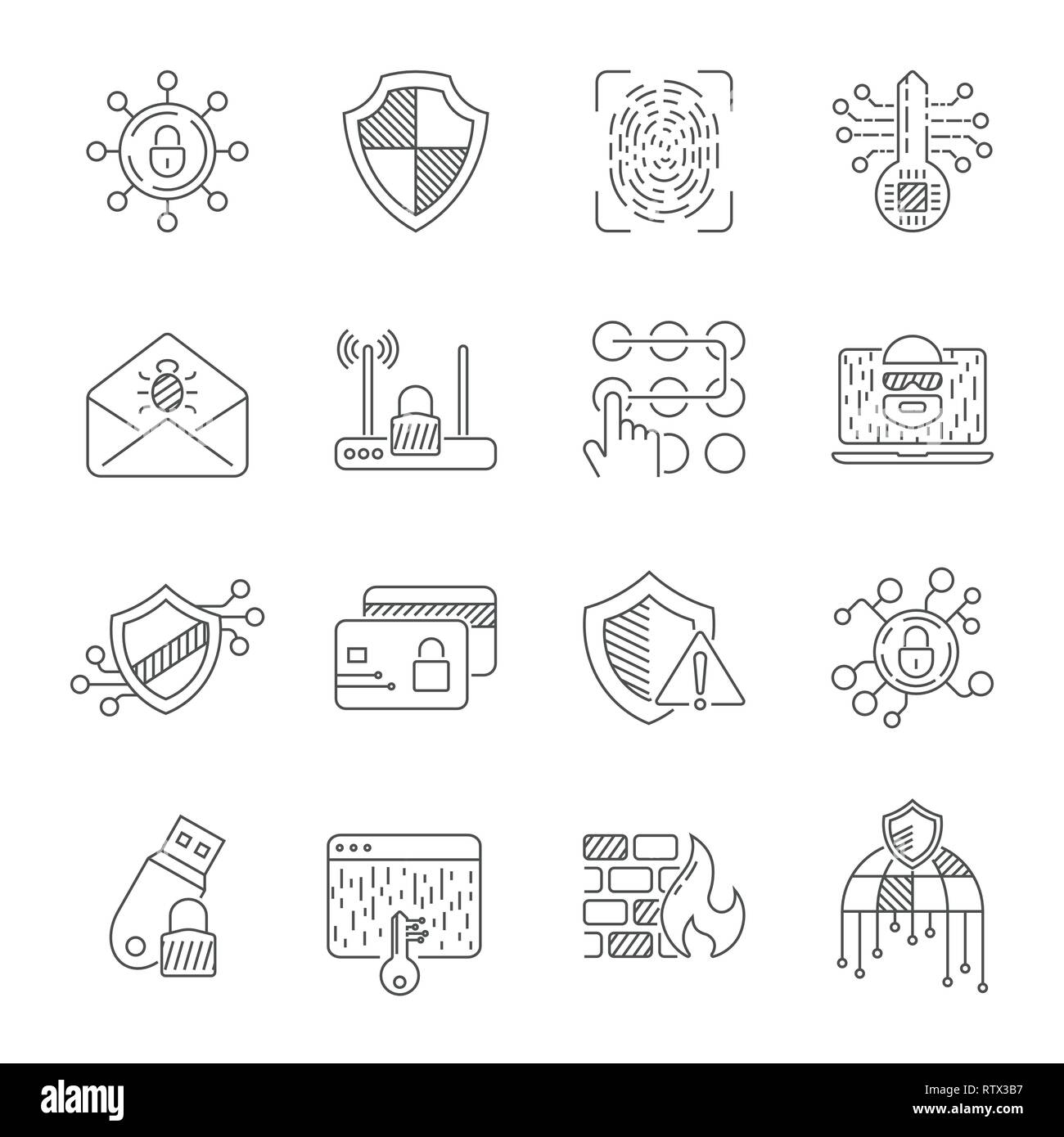 Data protection and cyber security thin line icons set. Computer network protection. Related vector line icons. Stock Vector