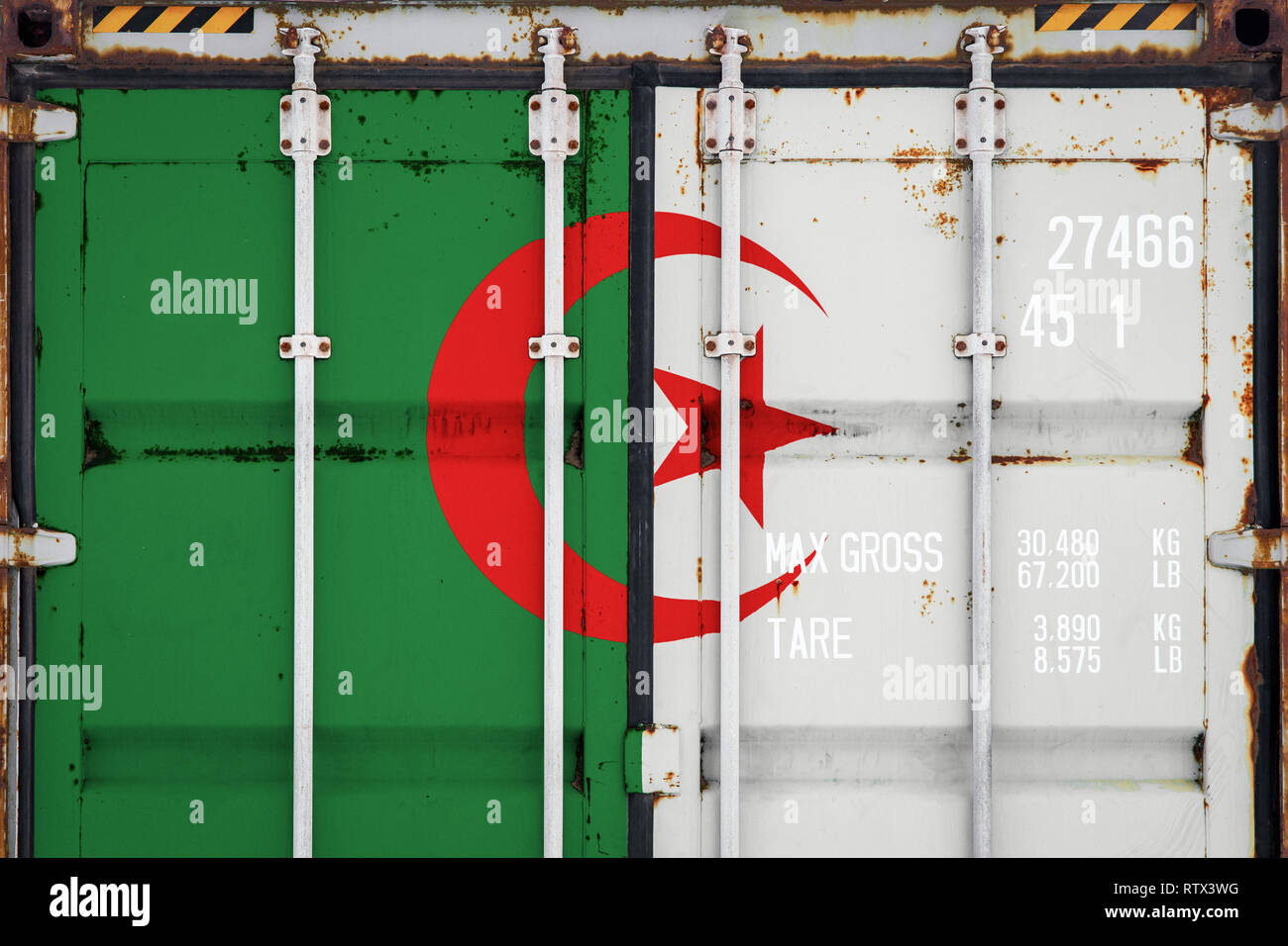 Close-up of the container with the national flag of Algeria. The ...